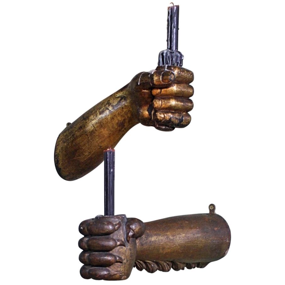 18th Century, Carved & Gilt Wall Sconces Lion Paw, Human Fist Ship Flag Mount  For Sale