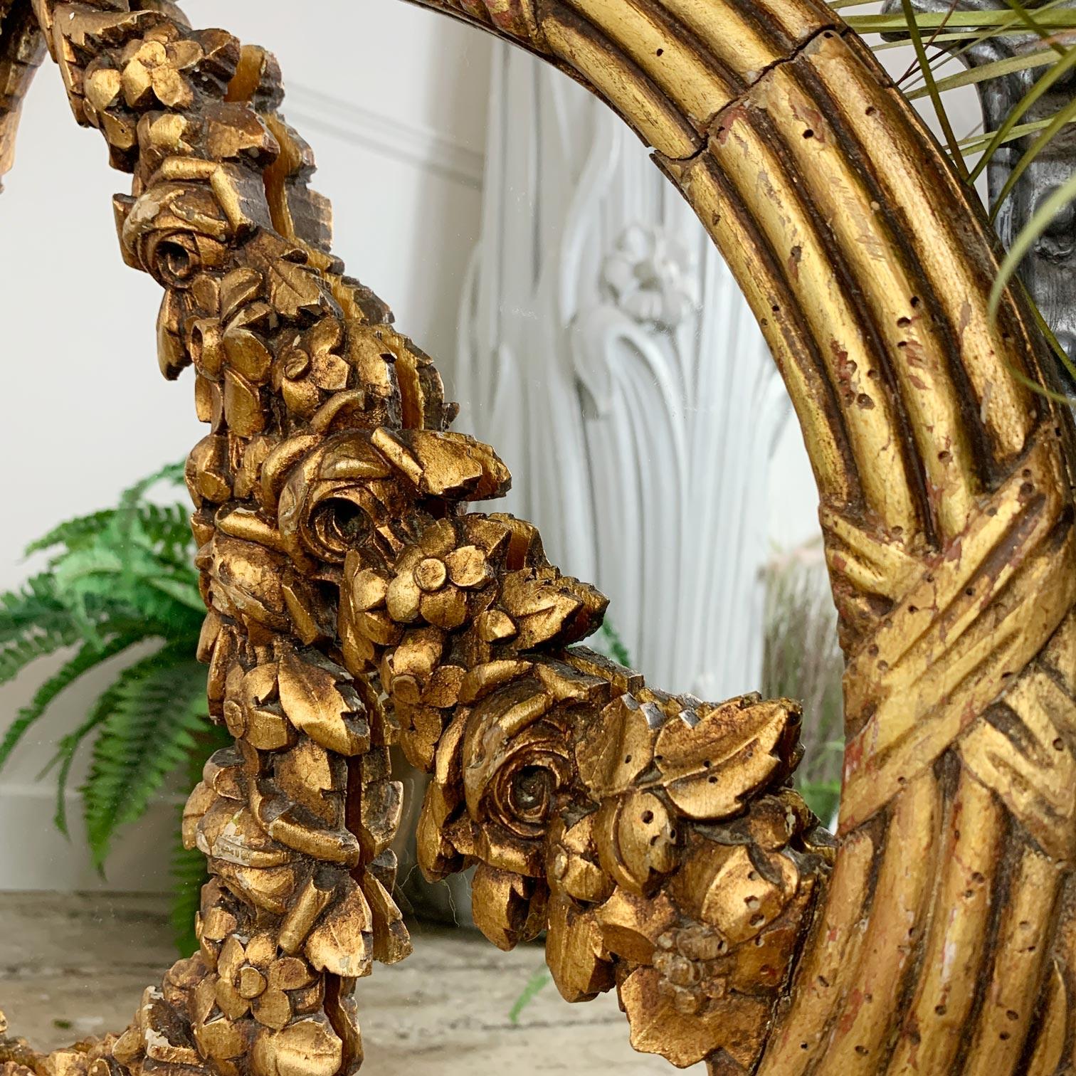Hand-Carved 18th Century Carved Gold Gilt Wood Floral Swags Mirror For Sale