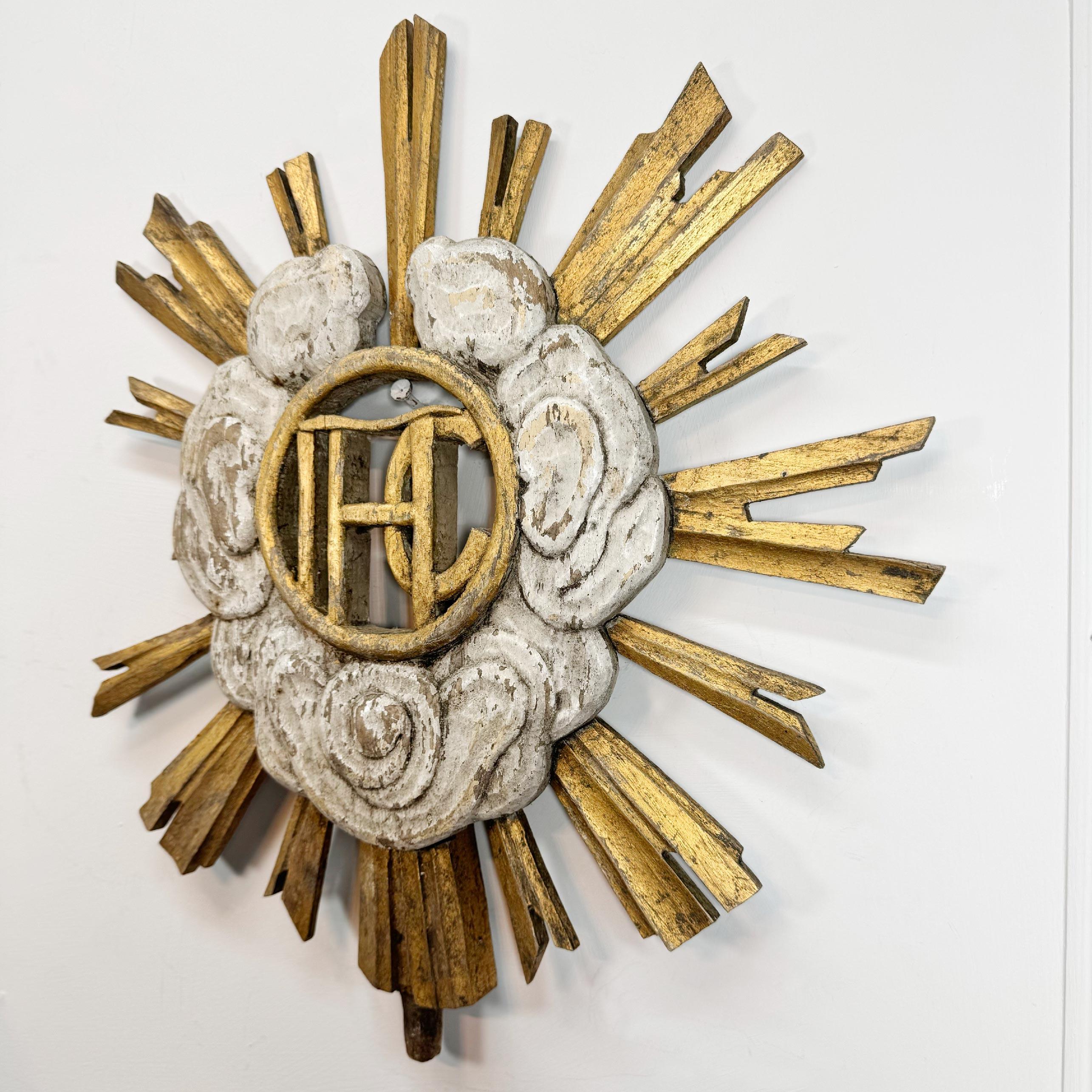 Baroque Église en bois doré sculpté du 18e siècle, soleil ensoleillé