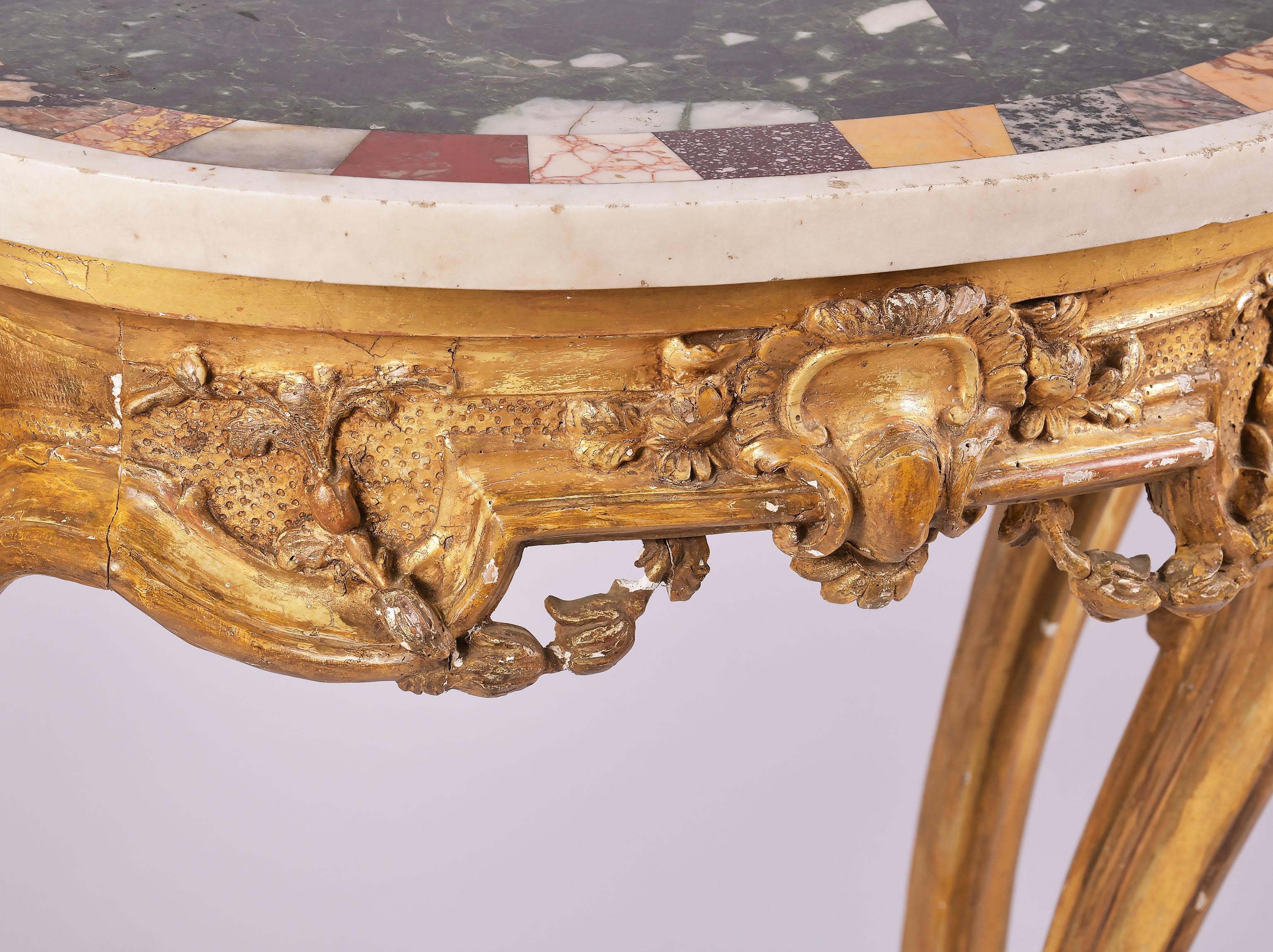 18th Century Carved Giltwood Console Table with Specimen Marble Top 1