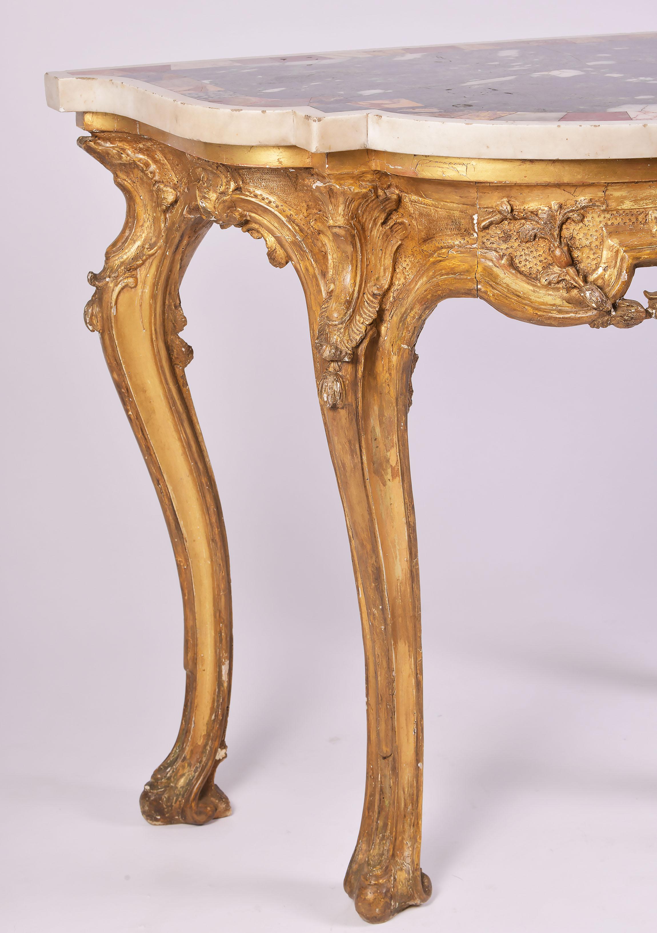 18th Century Carved Giltwood Console Table with Specimen Marble Top 2