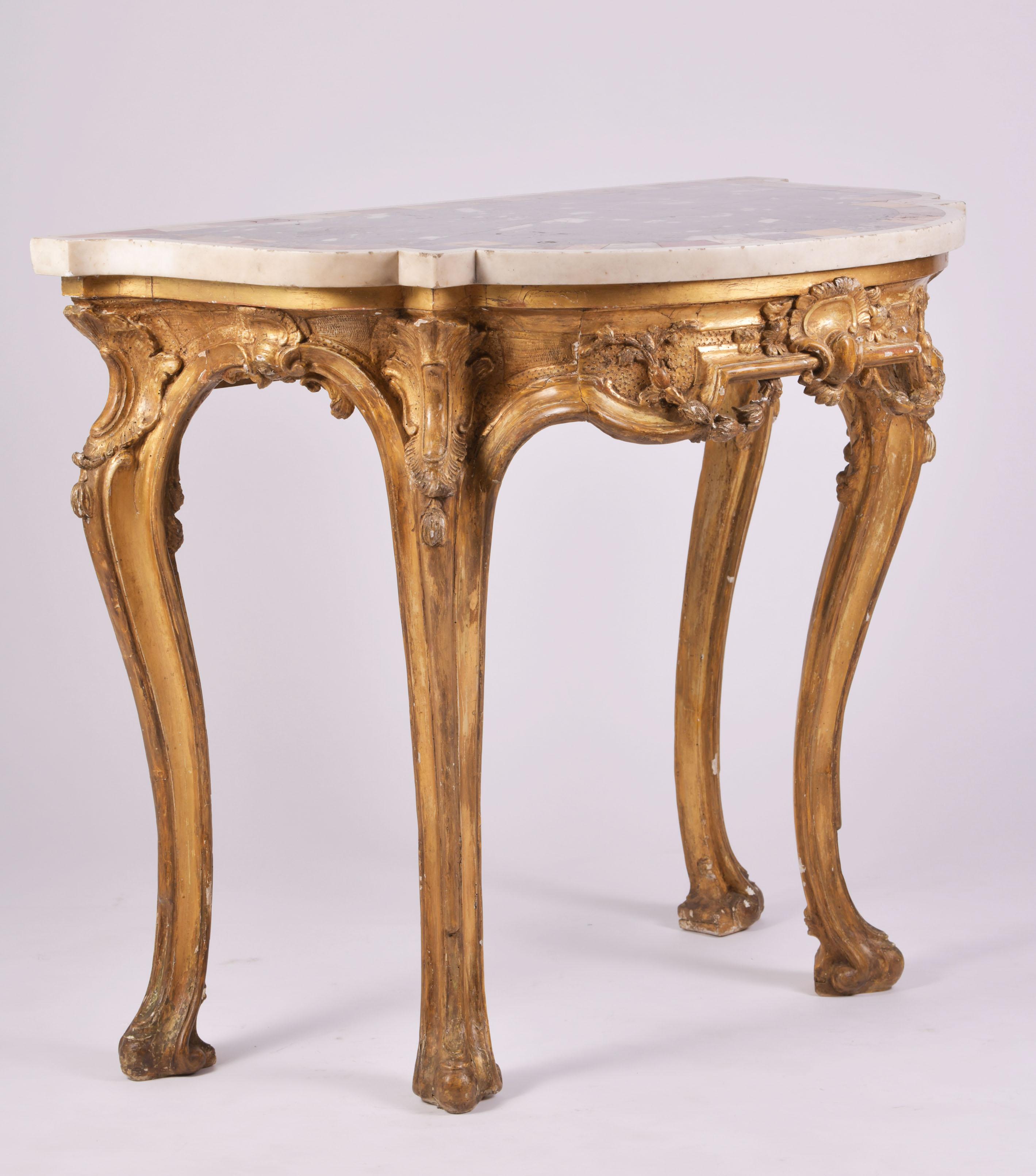 18th Century Carved Giltwood Console Table with Specimen Marble Top 3