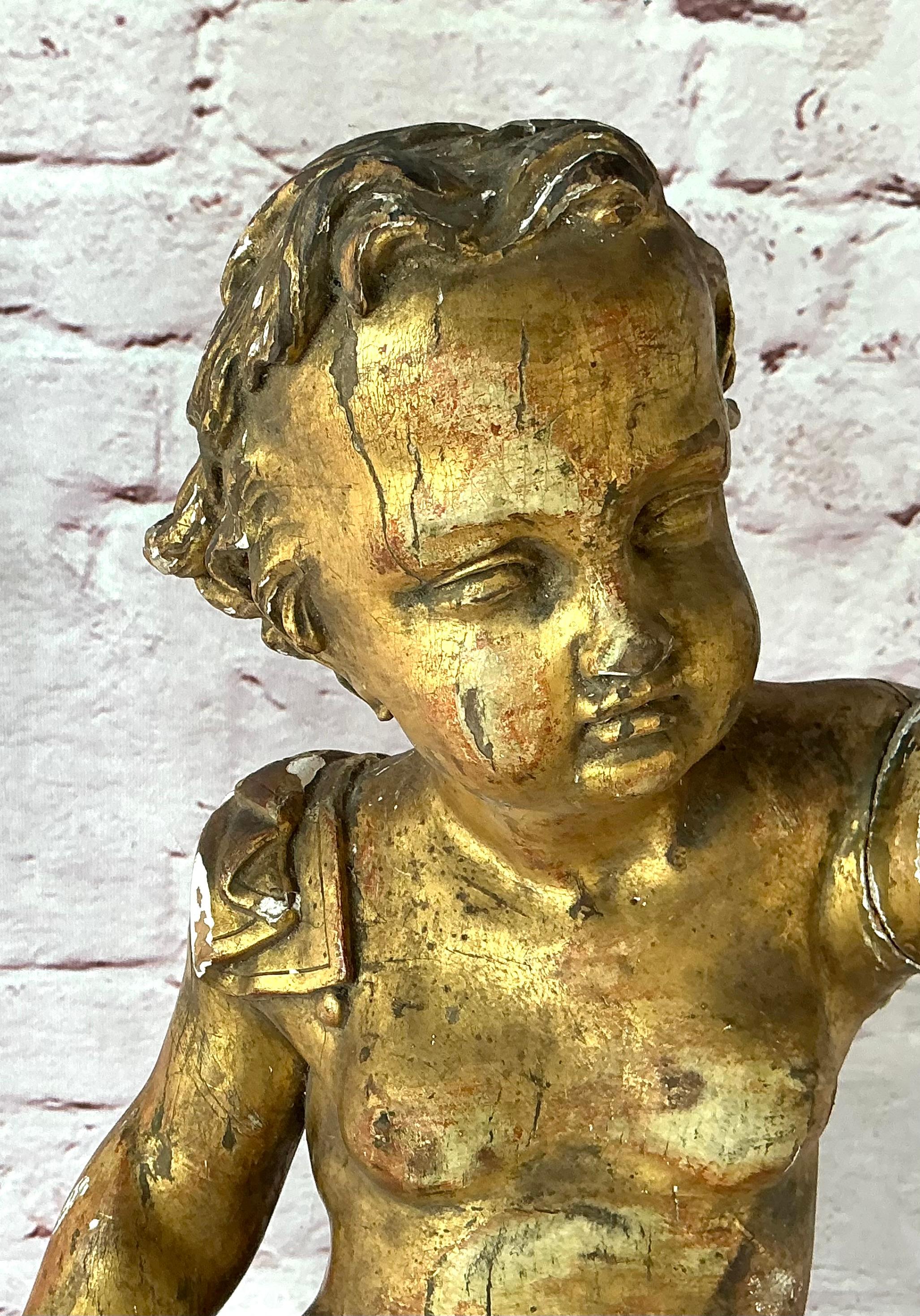 Italian 18th Century Carved Giltwood Putti Figure on Stand For Sale