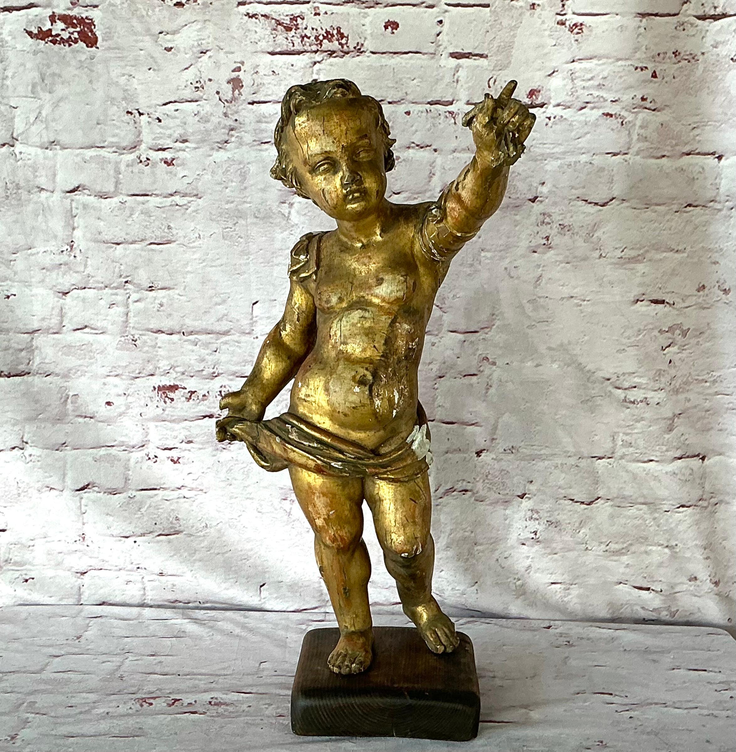 18th Century Carved Giltwood Putti Figure on Stand For Sale 3