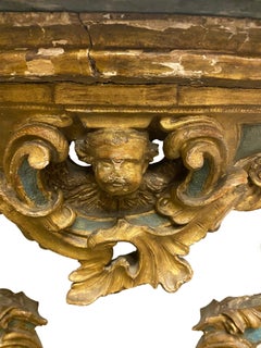 18th Century Carved Italian Green and Gilt Wall Mount Console with Putti
