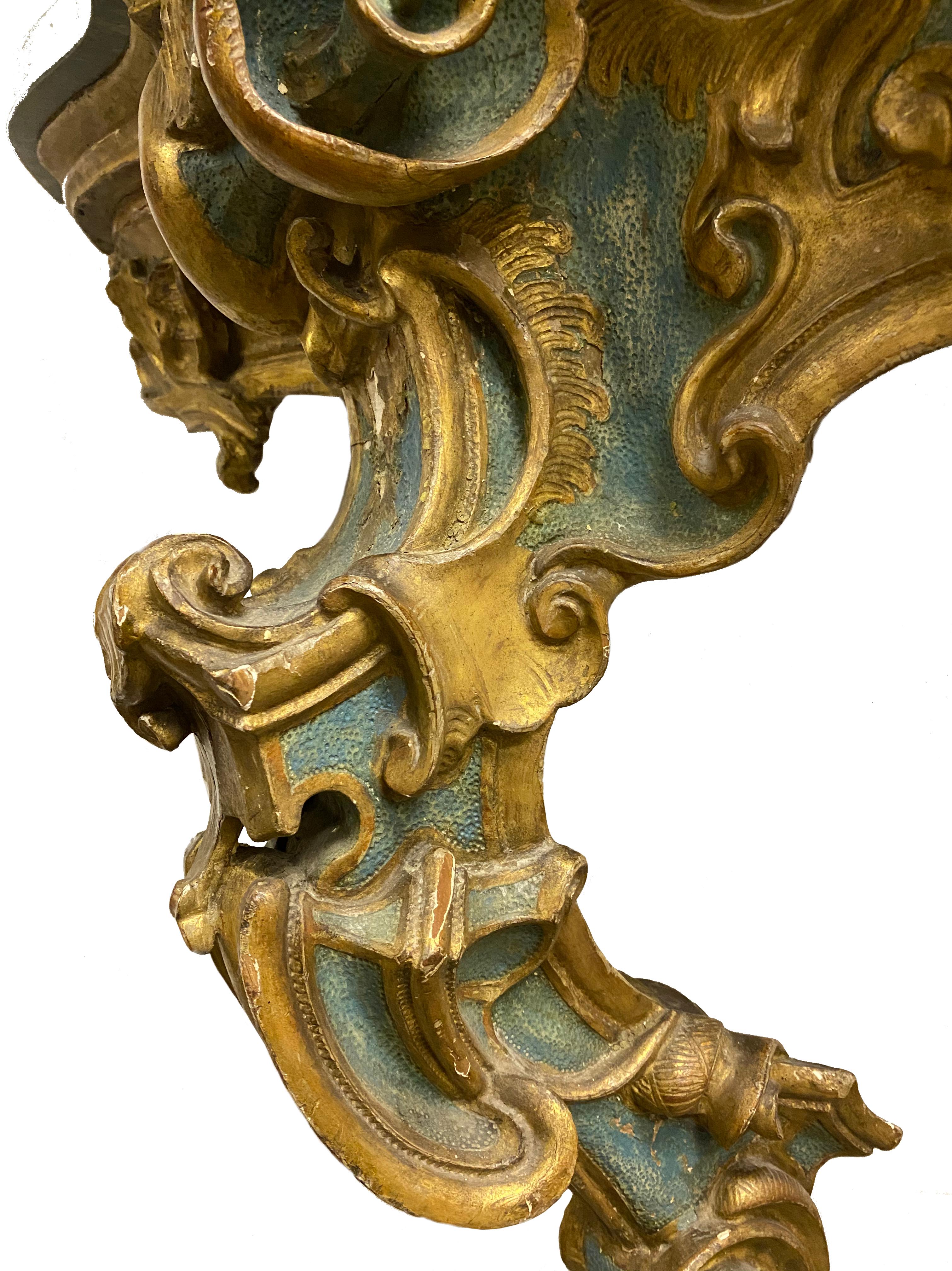Rococo 18th Century Carved Italian Green and Gilt Wall Mount Console with Putti