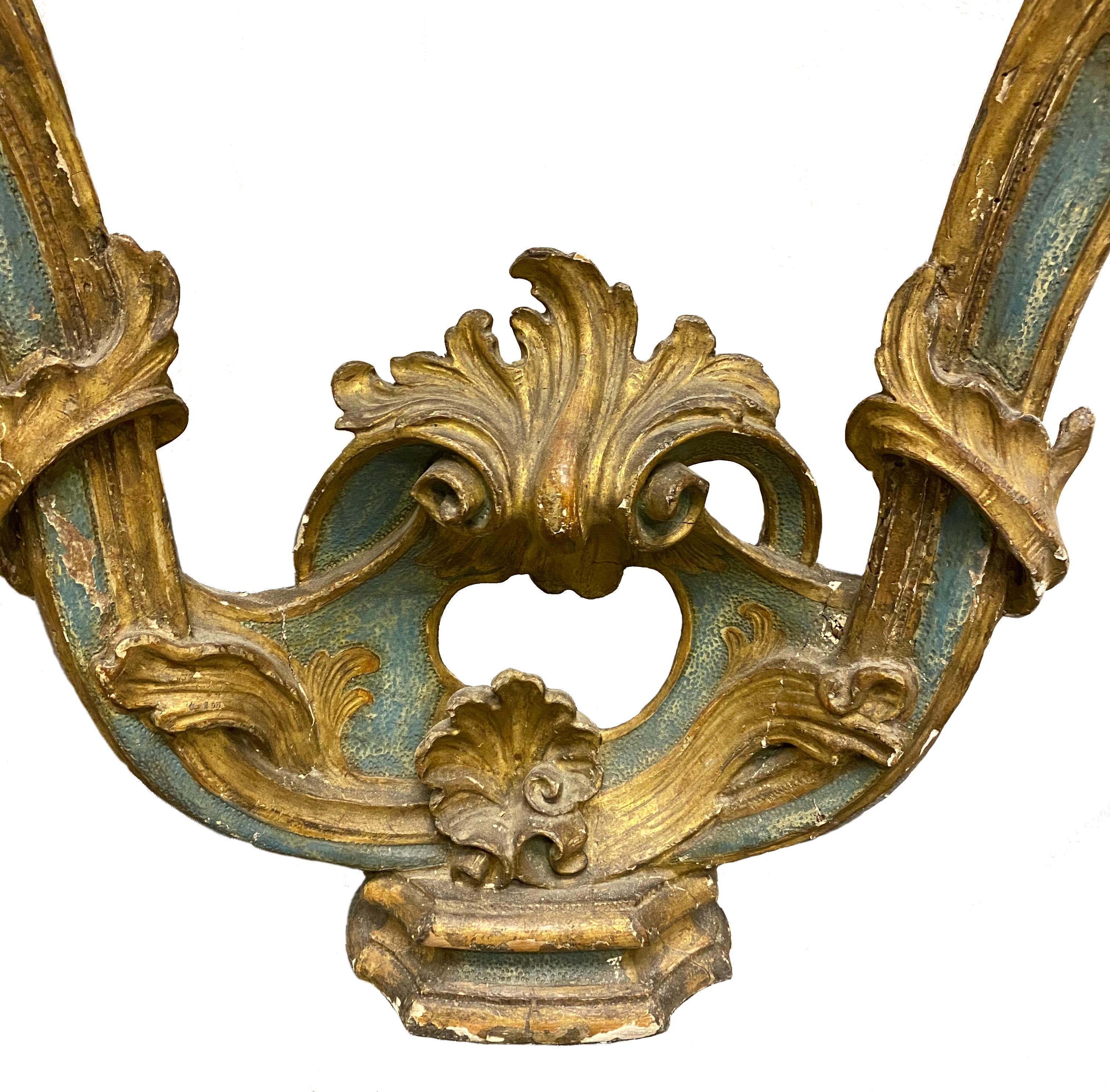 Hand-Carved 18th Century Carved Italian Green and Gilt Wall Mount Console with Putti