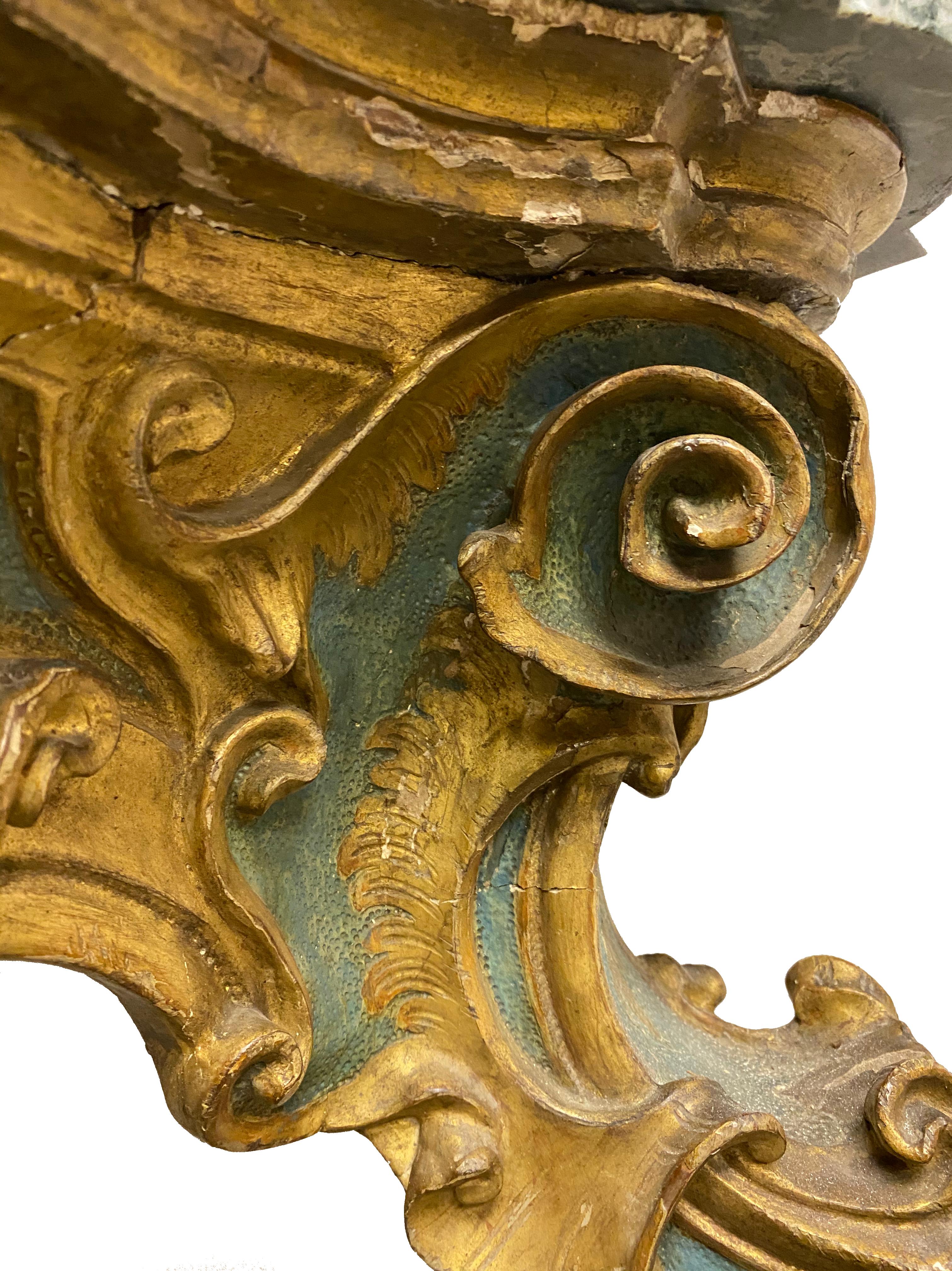 18th Century Carved Italian Green and Gilt Wall Mount Console with Putti In Good Condition In Round Top, TX