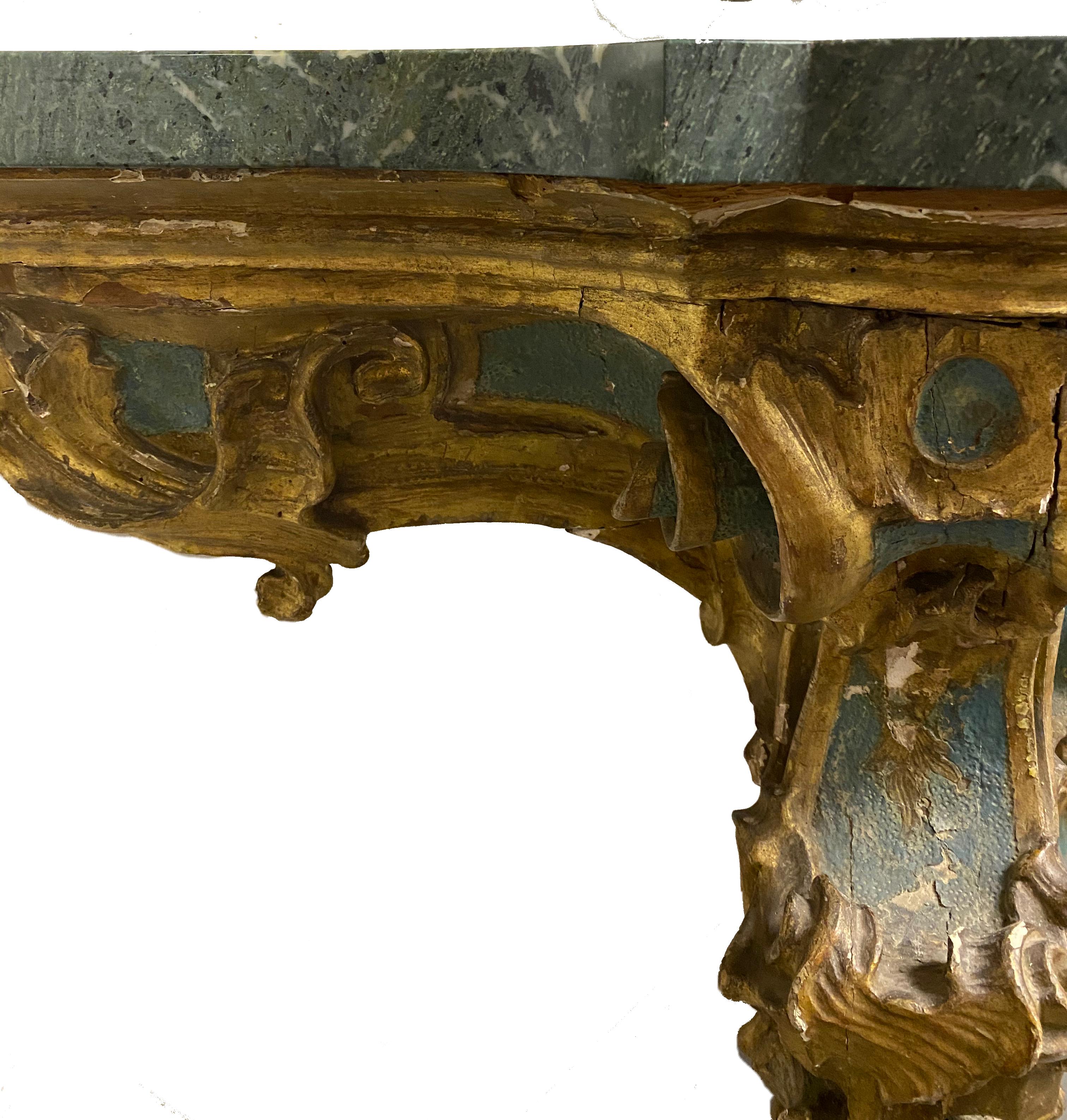 18th Century Carved Italian Green and Gilt Wall Mount Console with Putti 1