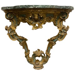 18th Century Carved Italian Green and Gilt Wall Mount Console with Putti