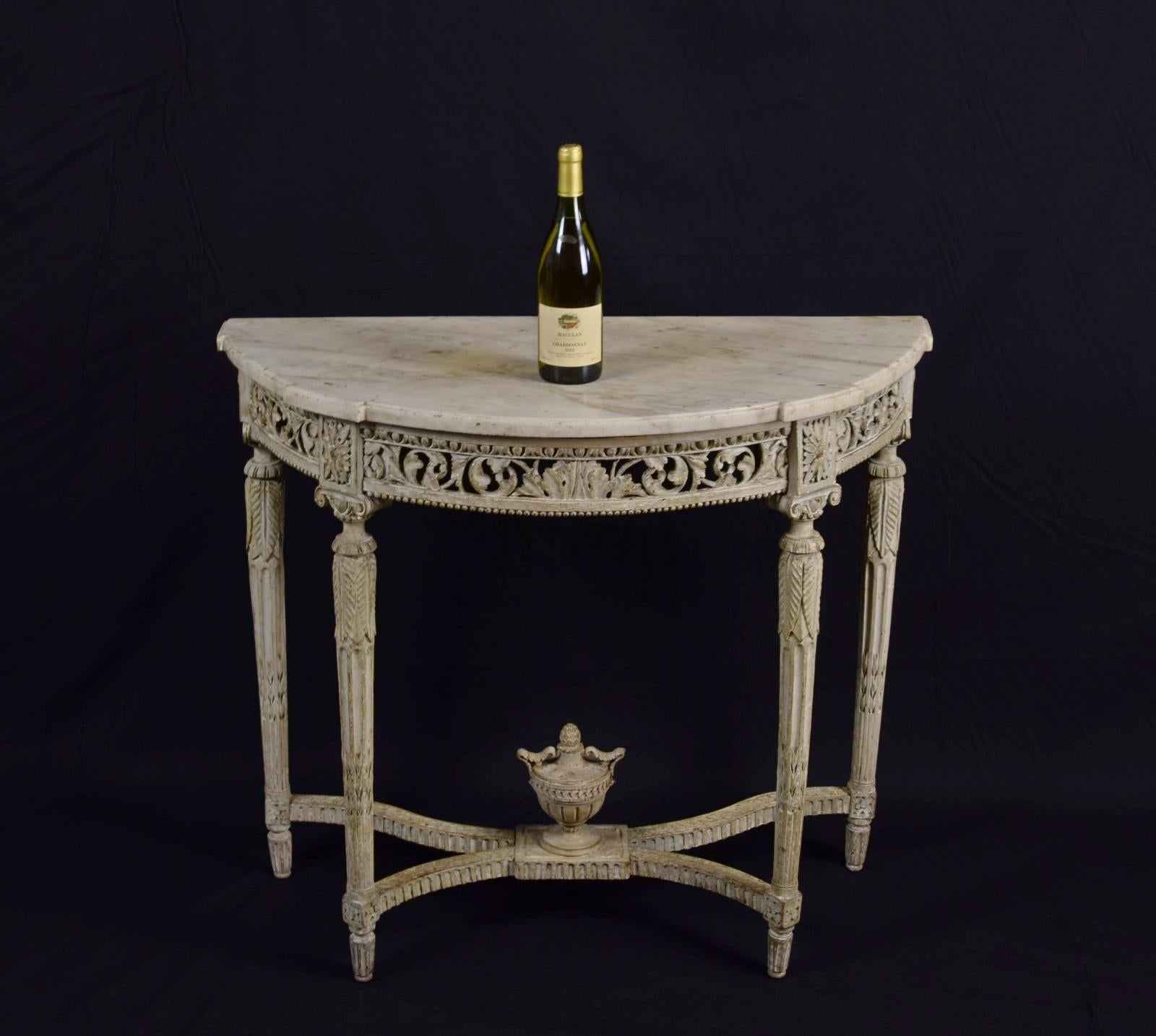 Hand-Carved 18th Century Carved Lacquered Wood Half-Moon French Console Table