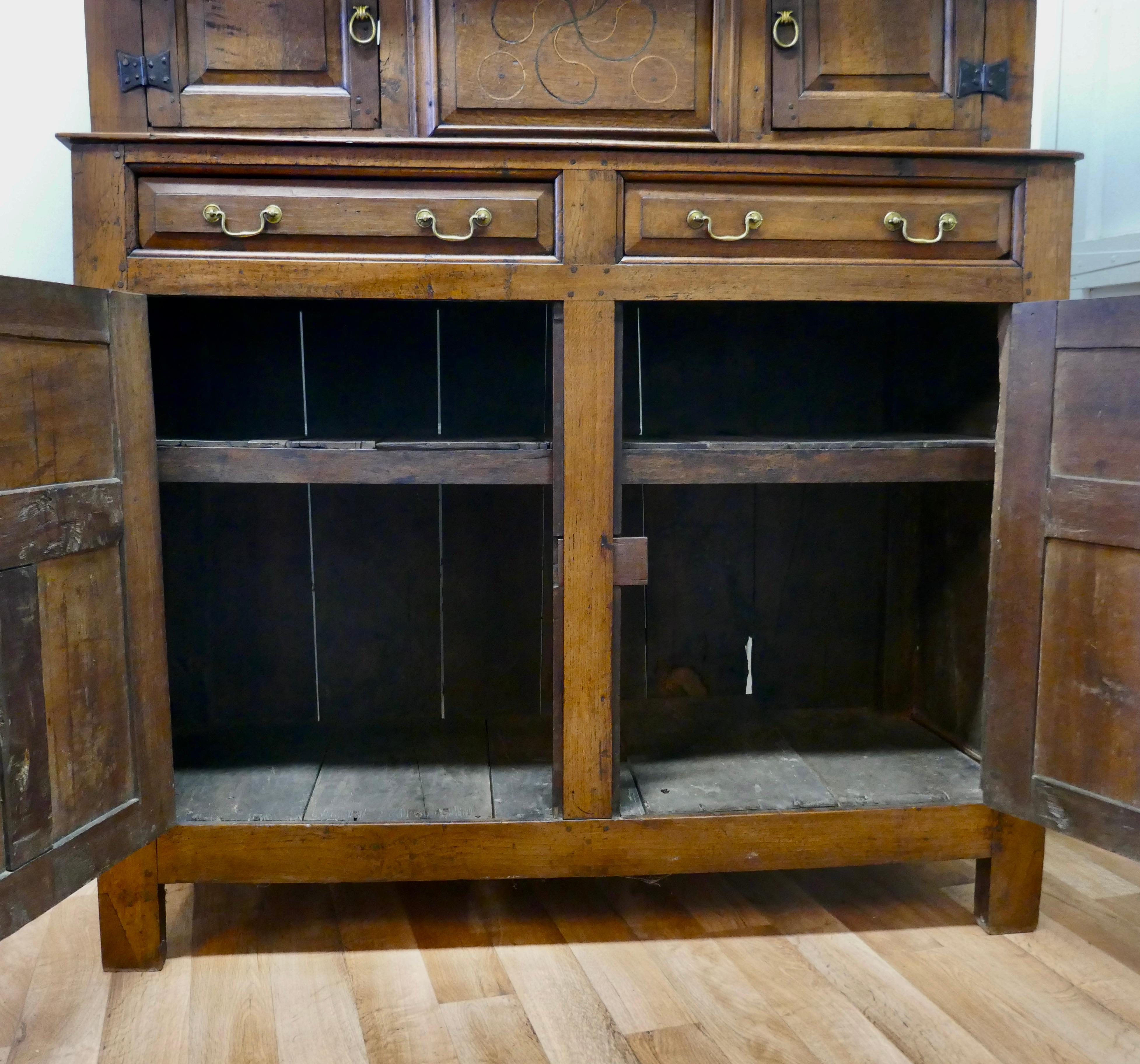 18th Century Carved Oak Celtic Court Cupboard For Sale 1