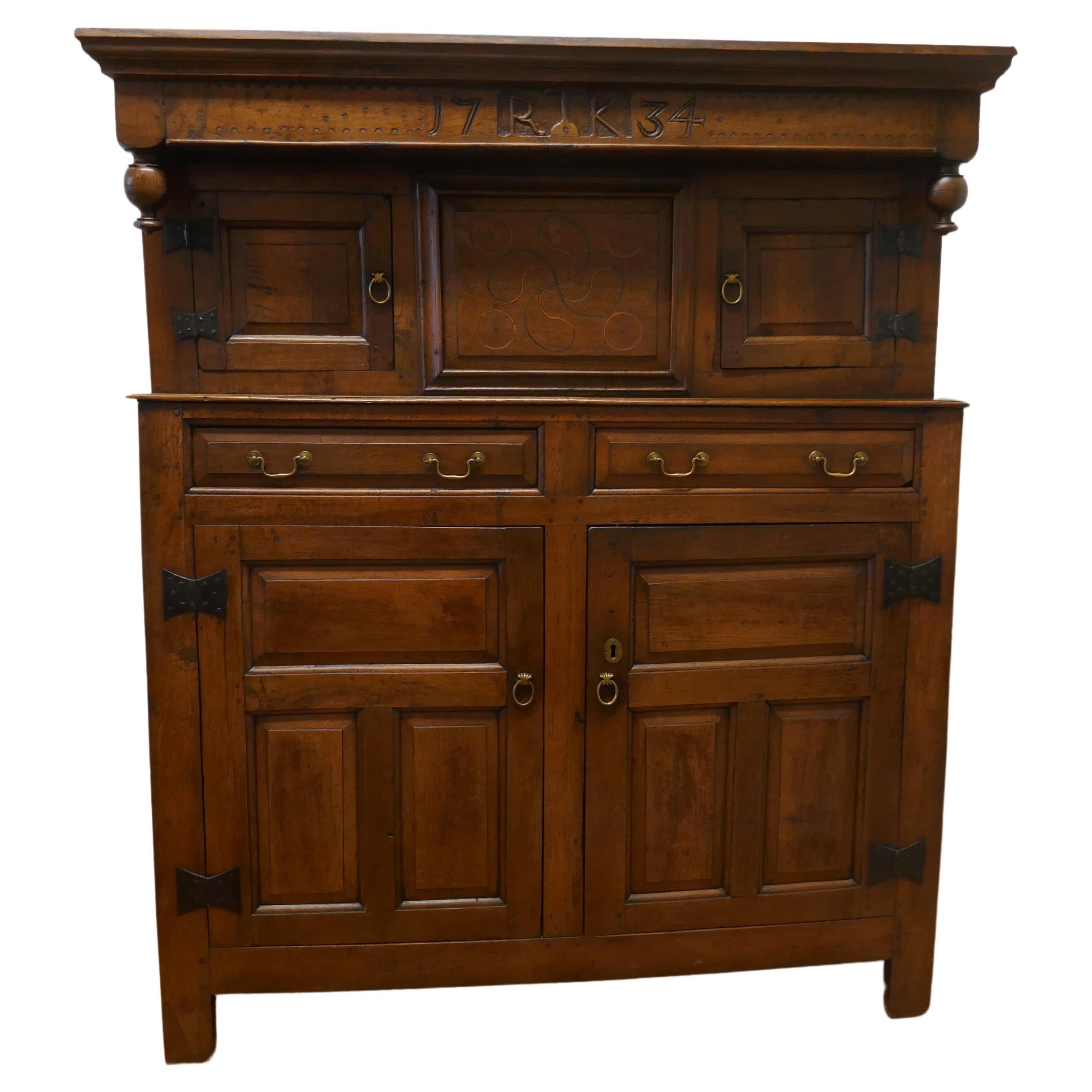 18th Century Carved Oak Celtic Court Cupboard For Sale