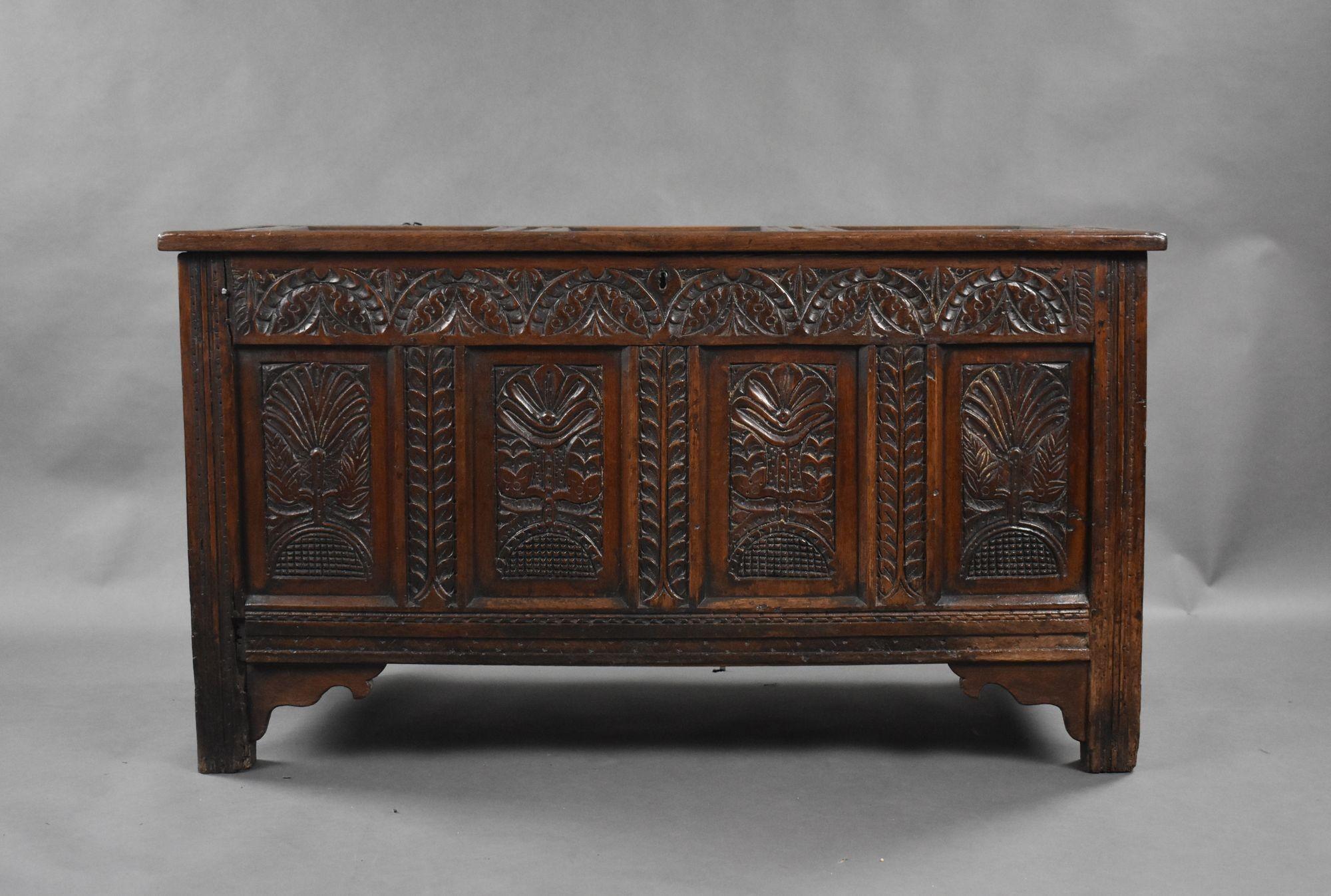 For sale is a good quality 18th century carved oak coffer, with a triple panel hinged top and carved frieze, over four carved panels to the front. This piece is in very good condition for its age.
Width: 129cm Depth: 53cm Height: 72cm