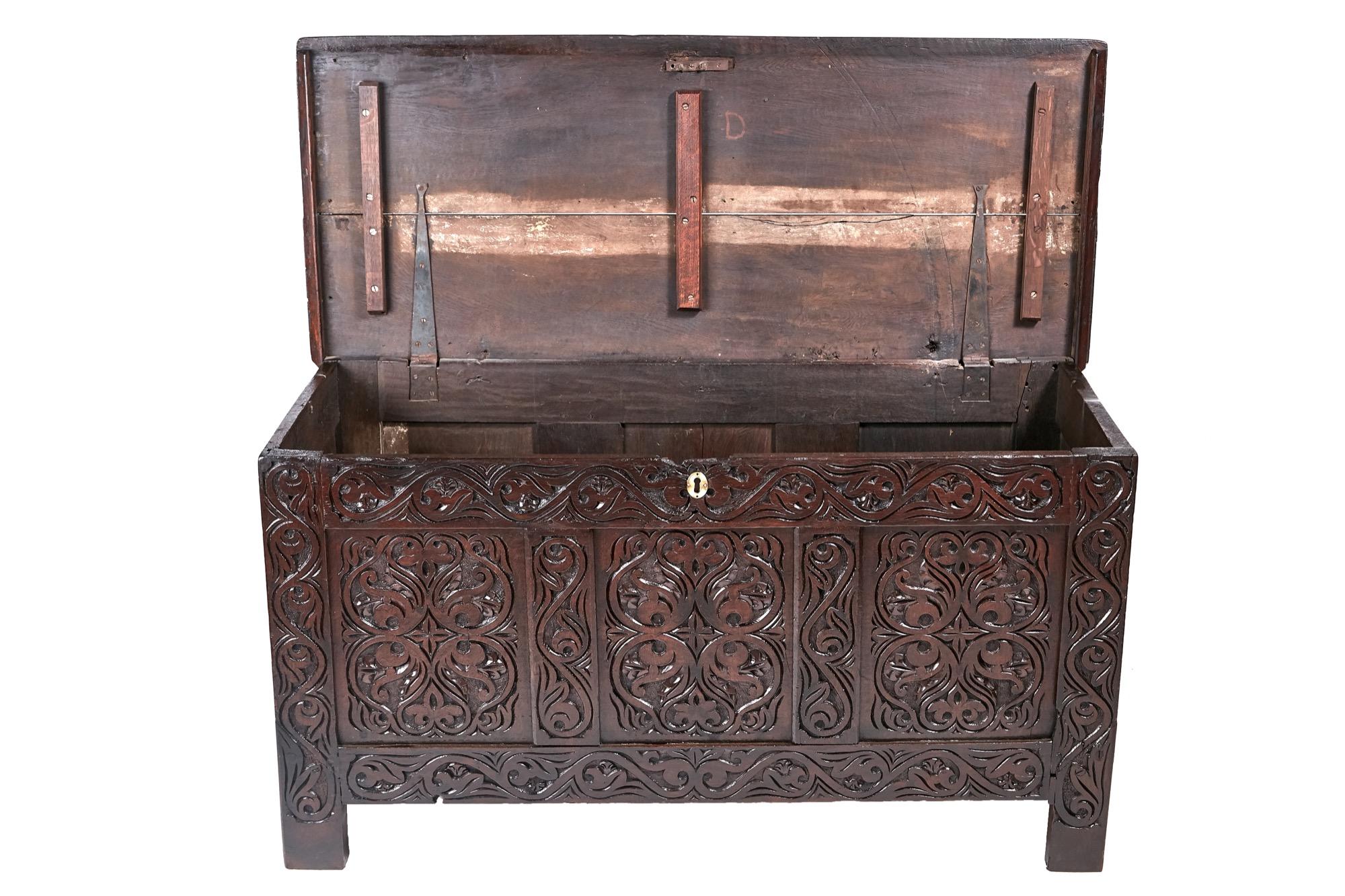 18th century carved oak coffer finely carved detail to the panels and frieze, paneled sides, standing on stile feet. A fantastic example.

Lovely color and condition.
 
  