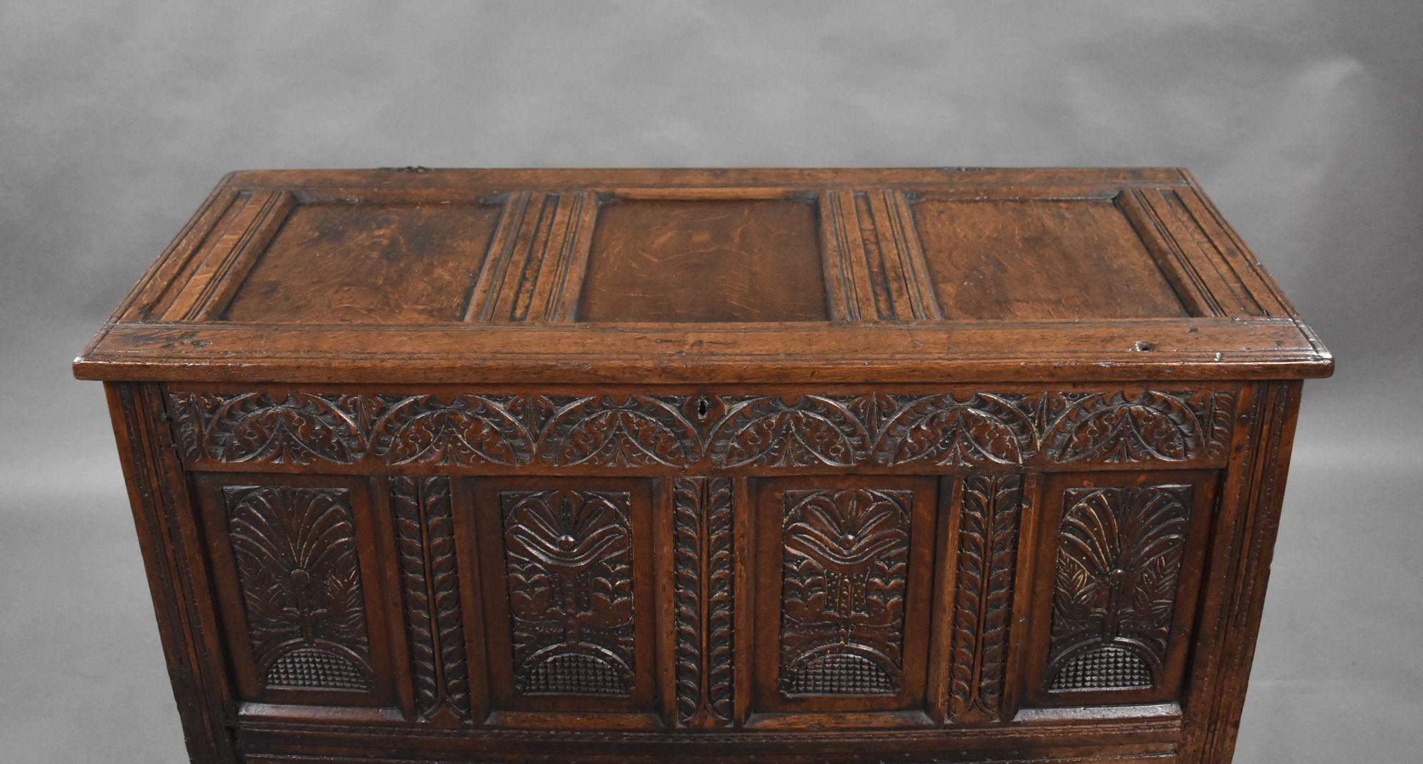 English 18th Century Carved Oak Coffer For Sale