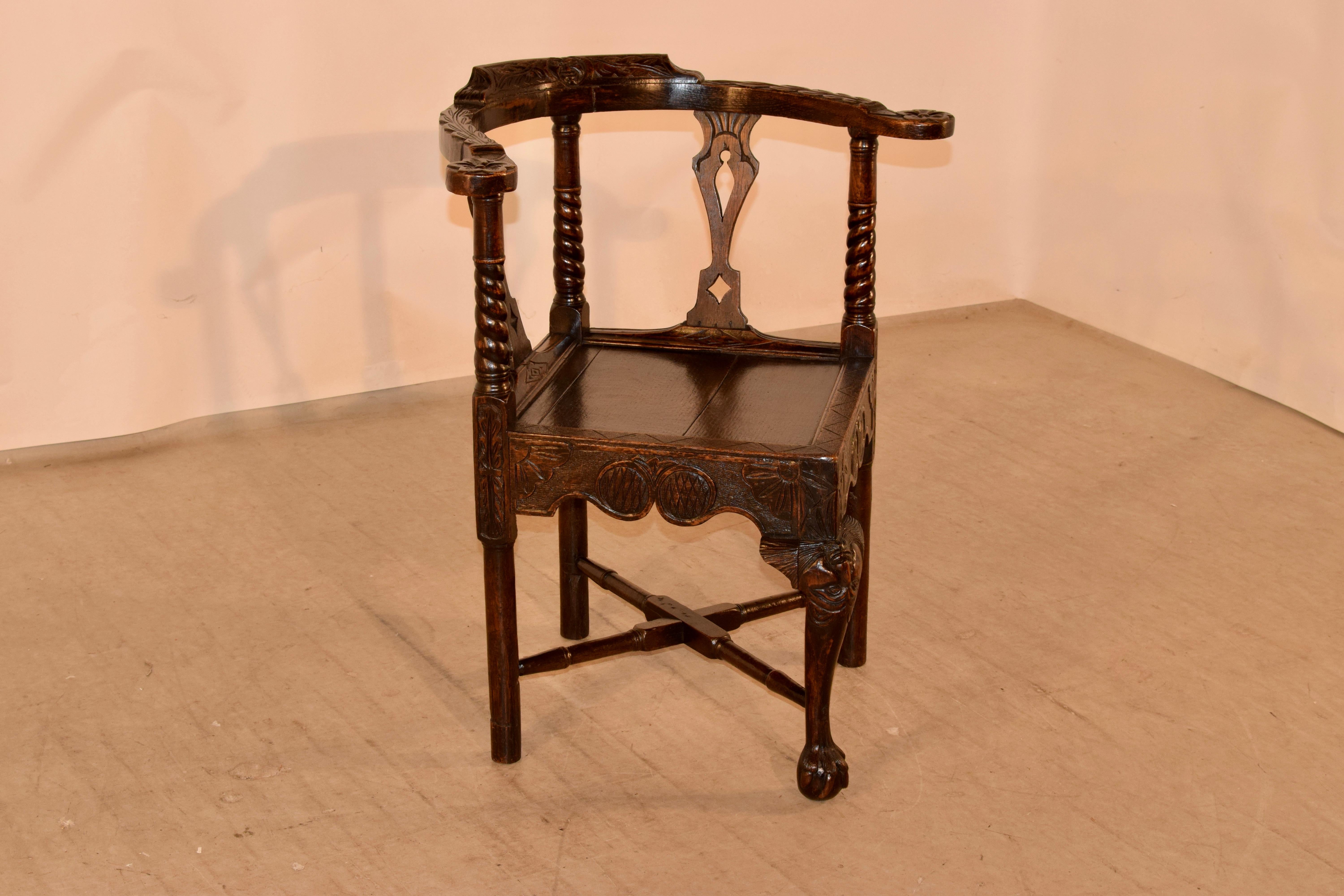 Hand-Carved 18th Century Carved Oak Corner Chair For Sale