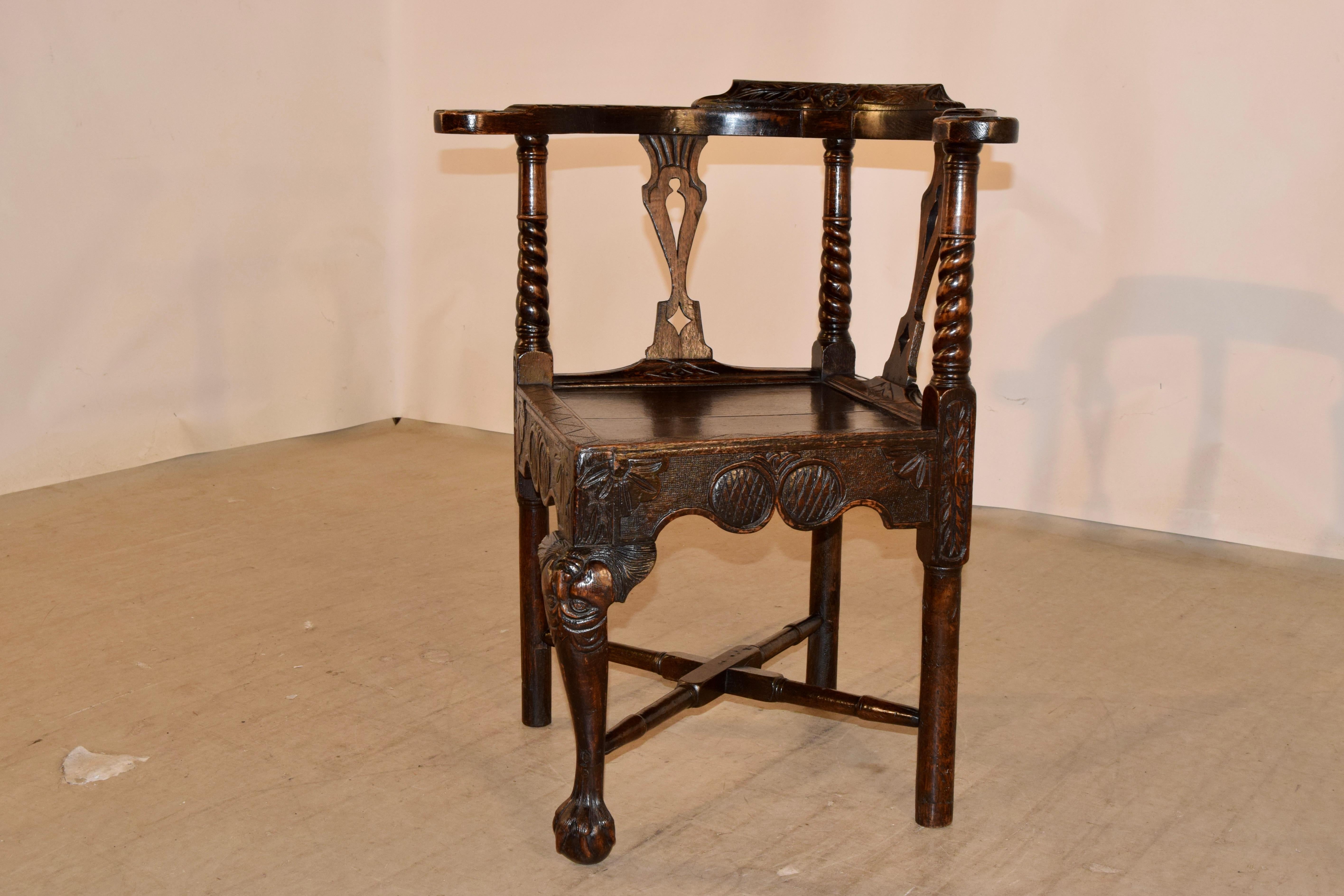 18th Century and Earlier 18th Century Carved Oak Corner Chair For Sale