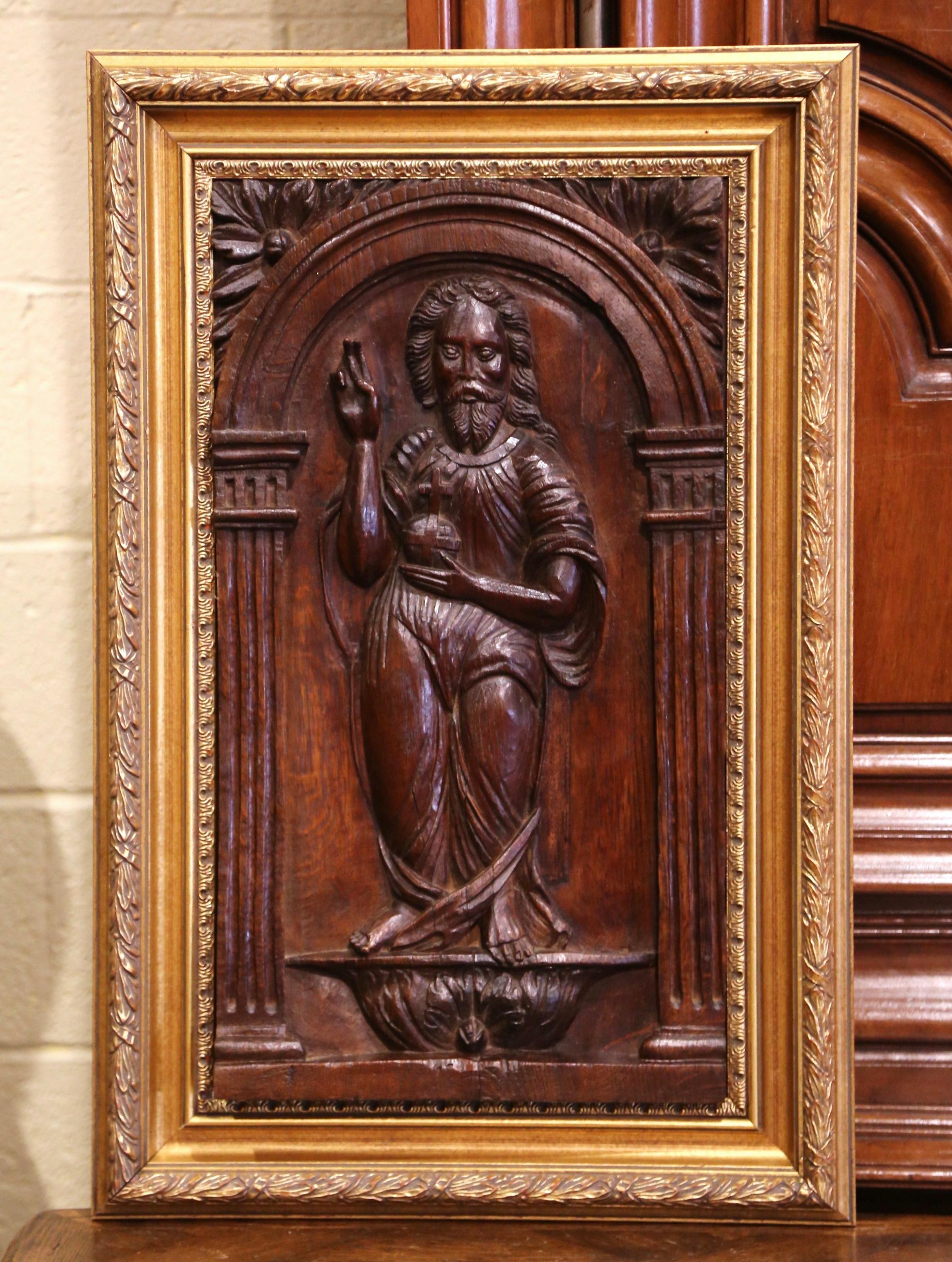 French 18th Century Carved Oak Panel of Jesus Christ Blessing in Giltwood Frame