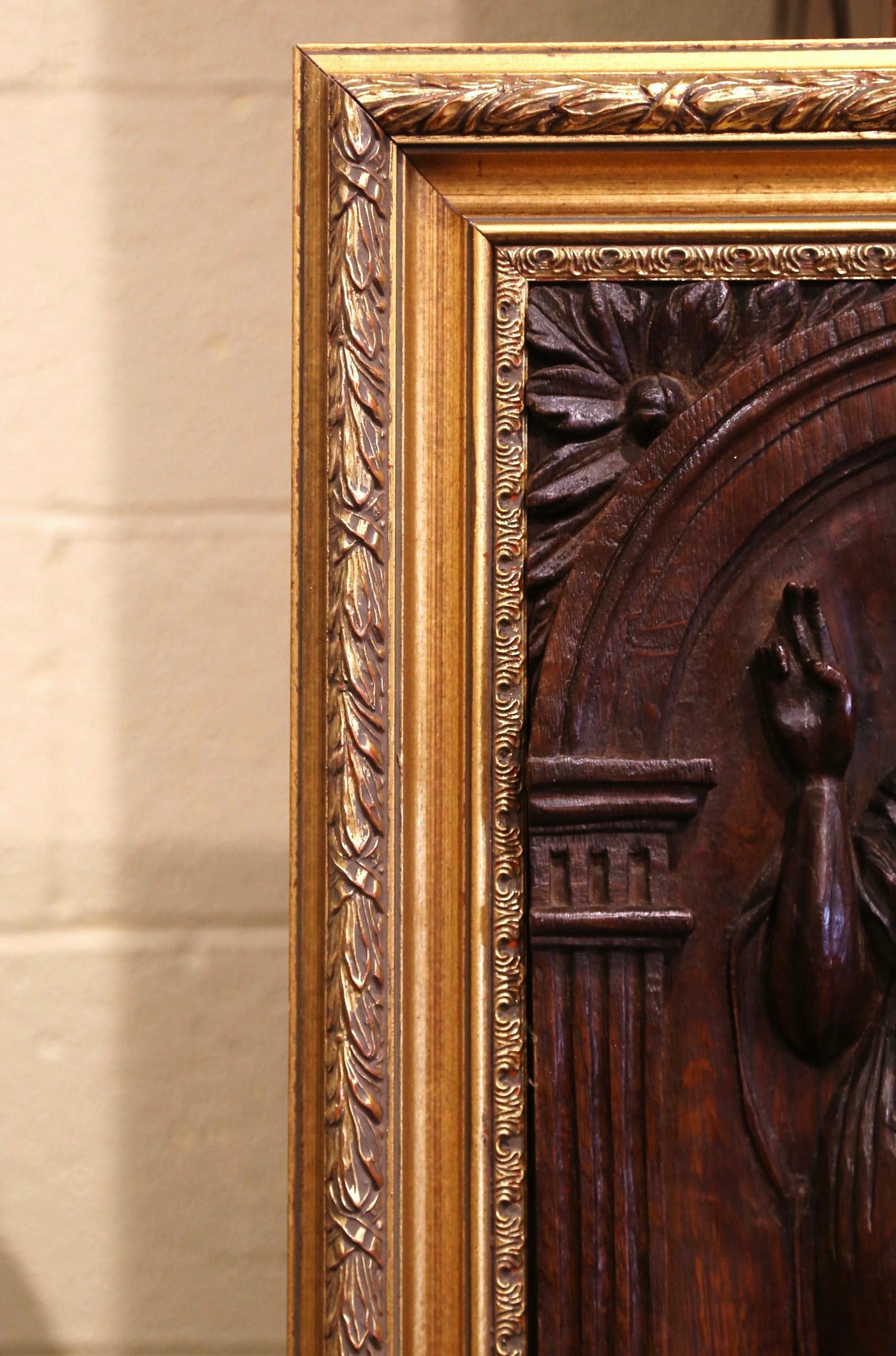 18th Century Carved Oak Panel of Jesus Christ Blessing in Giltwood Frame In Excellent Condition In Dallas, TX