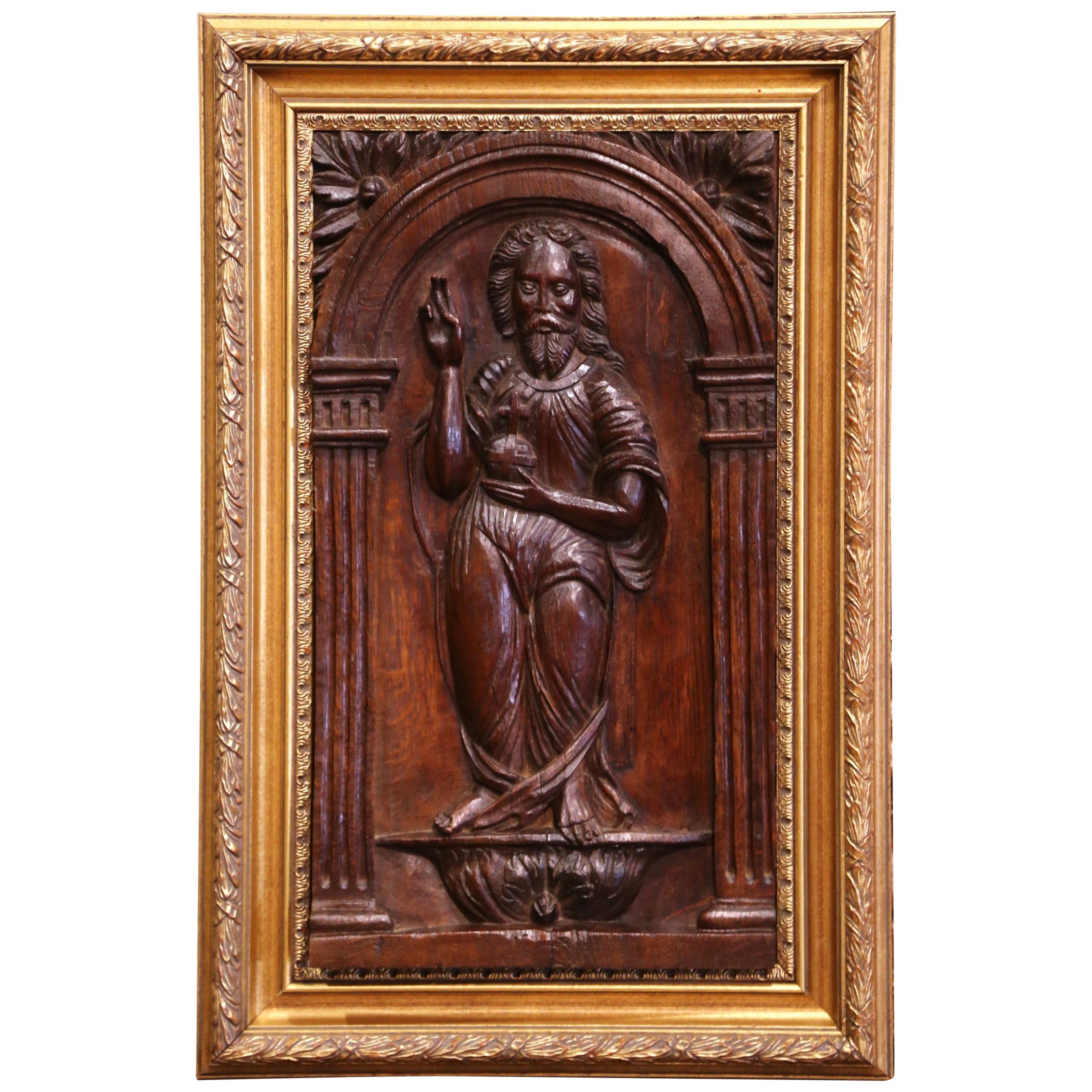 18th Century Carved Oak Panel of Jesus Christ Blessing in Giltwood Frame