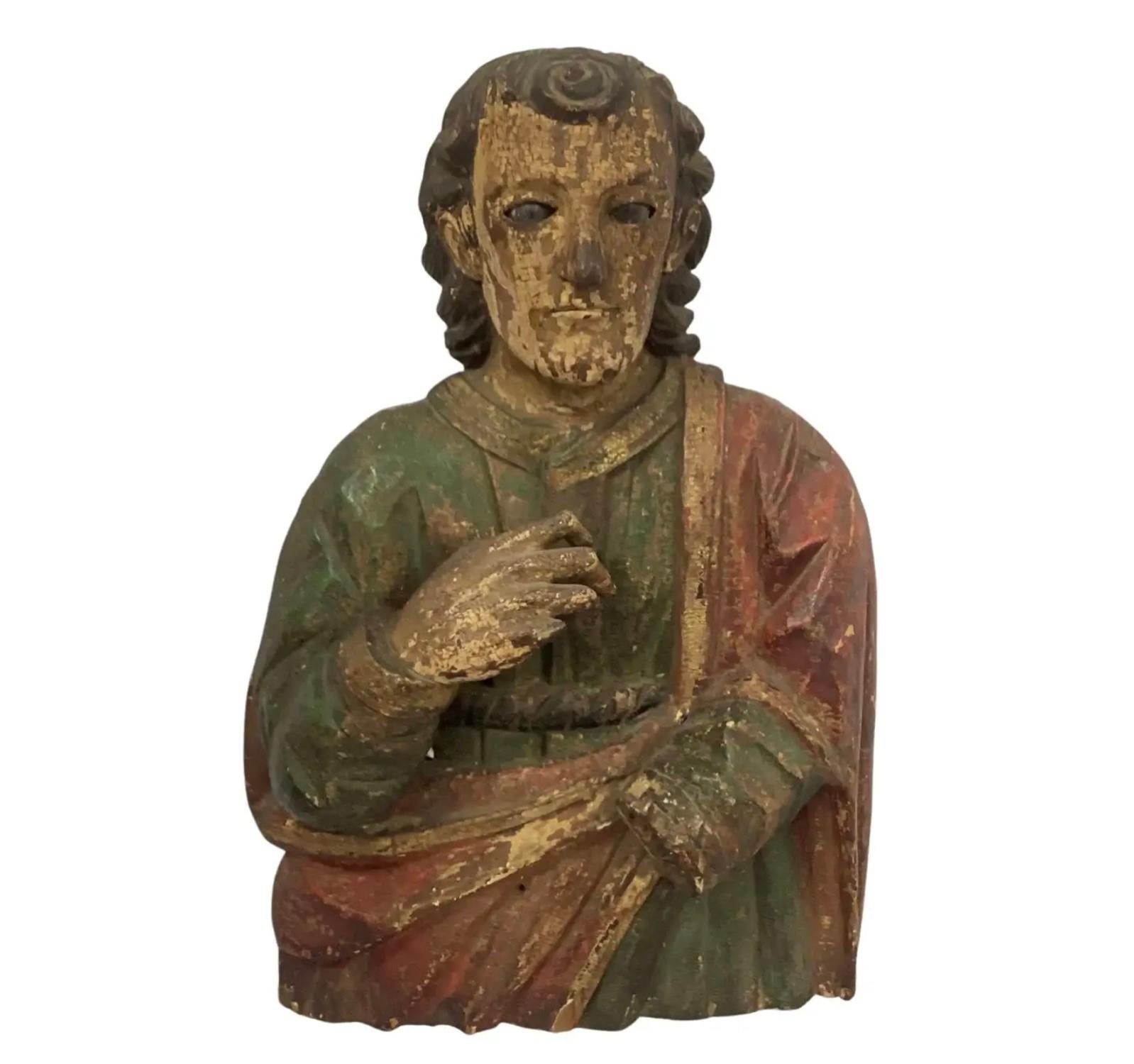 18th Century Carved & Polychrome Bust of a Saint For Sale 2