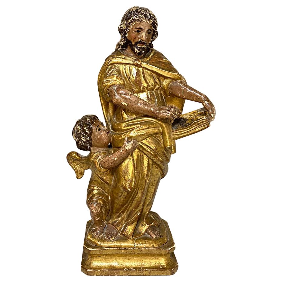 18th Century Carved Polychrome Wood Statue of St. Matthew
