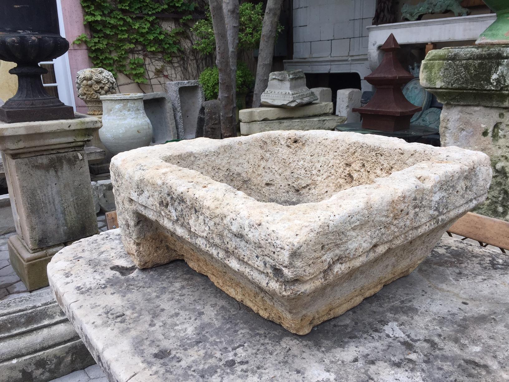 Very rare 18th century limestone Vasque \from a Monastery in the South West of France. Hand carved stone trough basin having a nicely textured surface. It could be standing alone as a decorative object or it could be used as a fountain base or
