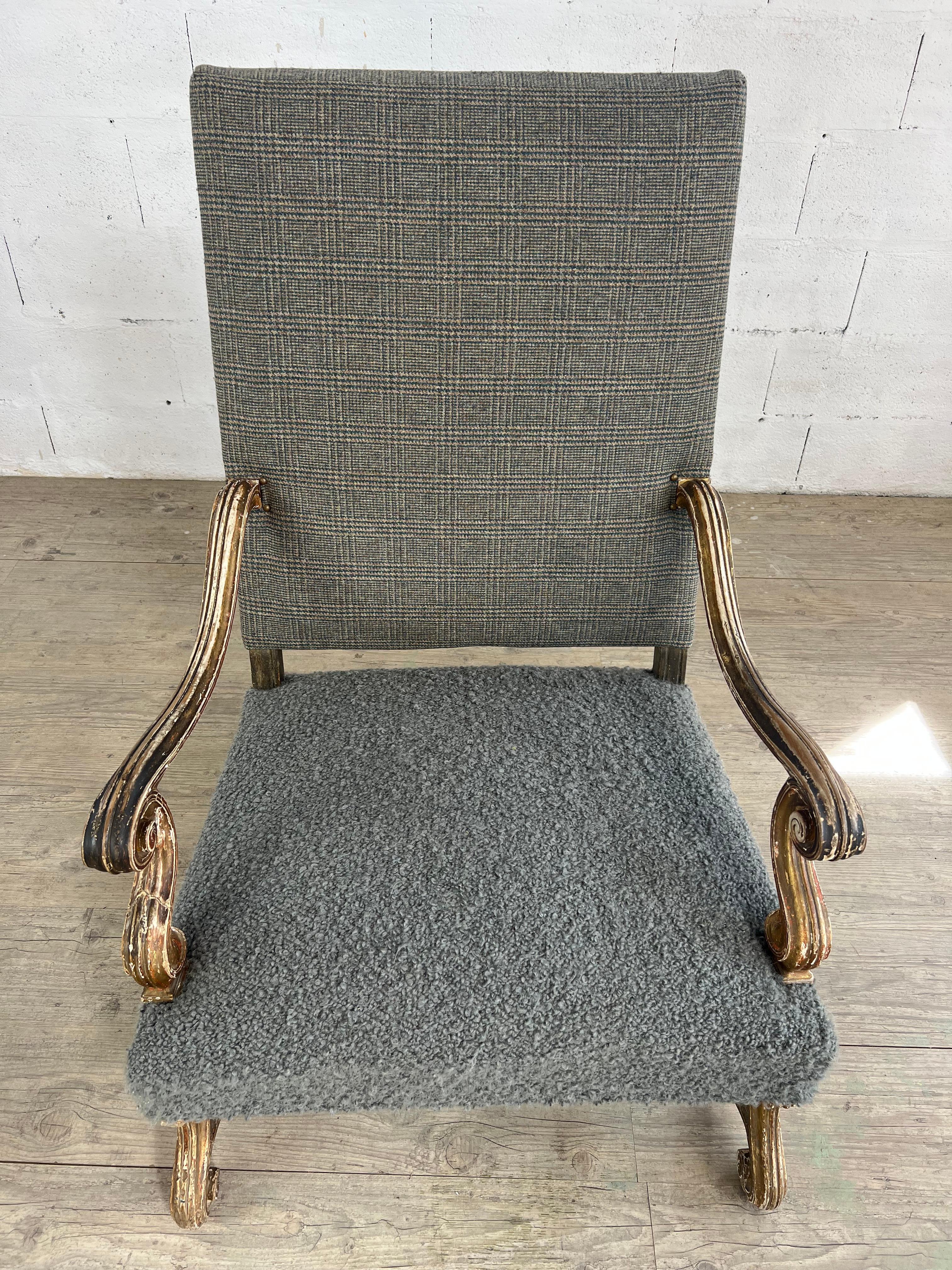 Hand-Crafted 18th Century Carved Wood Armchair with Original Gilt Patina For Sale