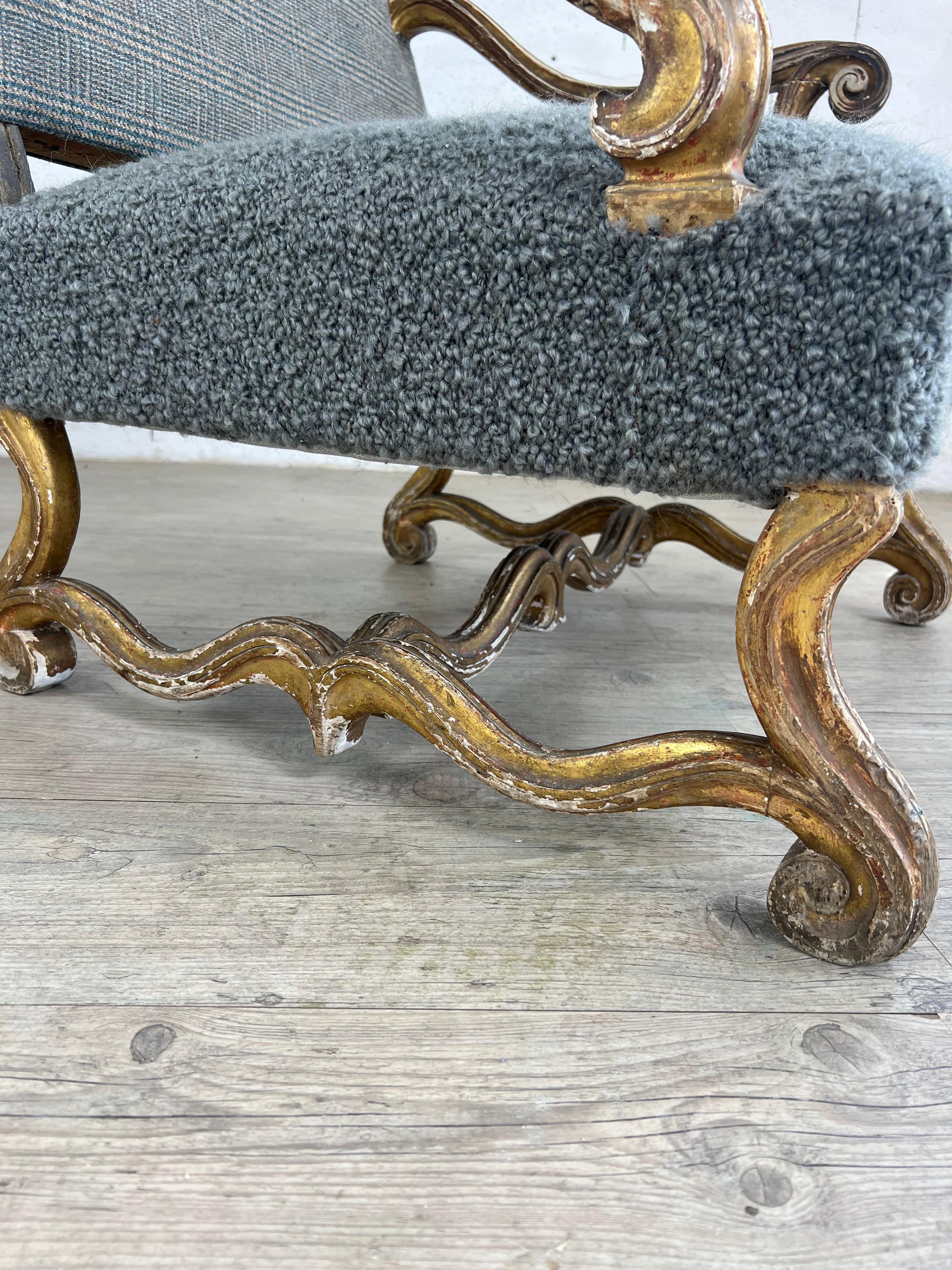 18th Century and Earlier 18th Century Carved Wood Armchair with Original Gilt Patina For Sale