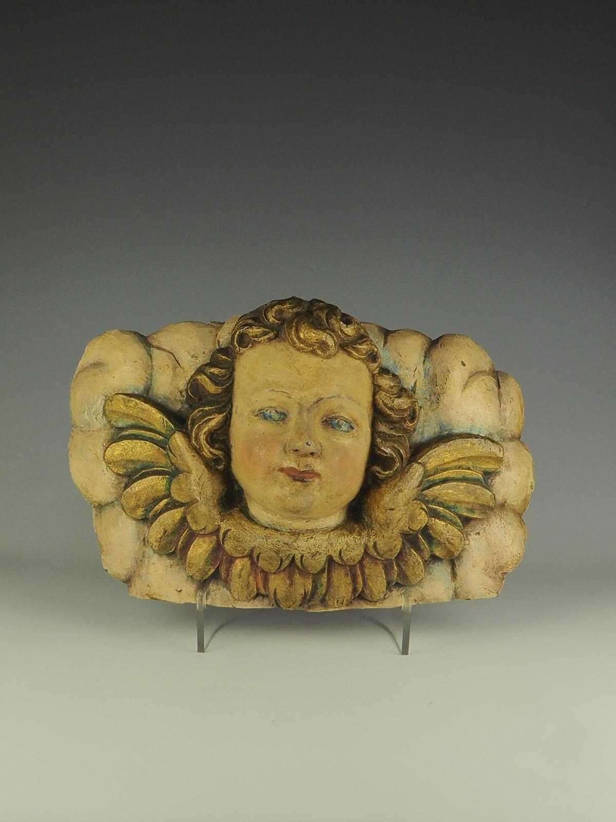18th Century Carved Wood Panel – Polychrome Head Of Cherub – Putto For Sale 12