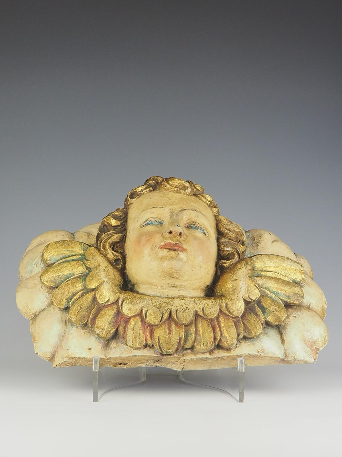 Polychromed 18th Century Carved Wood Panel – Polychrome Head Of Cherub – Putto For Sale