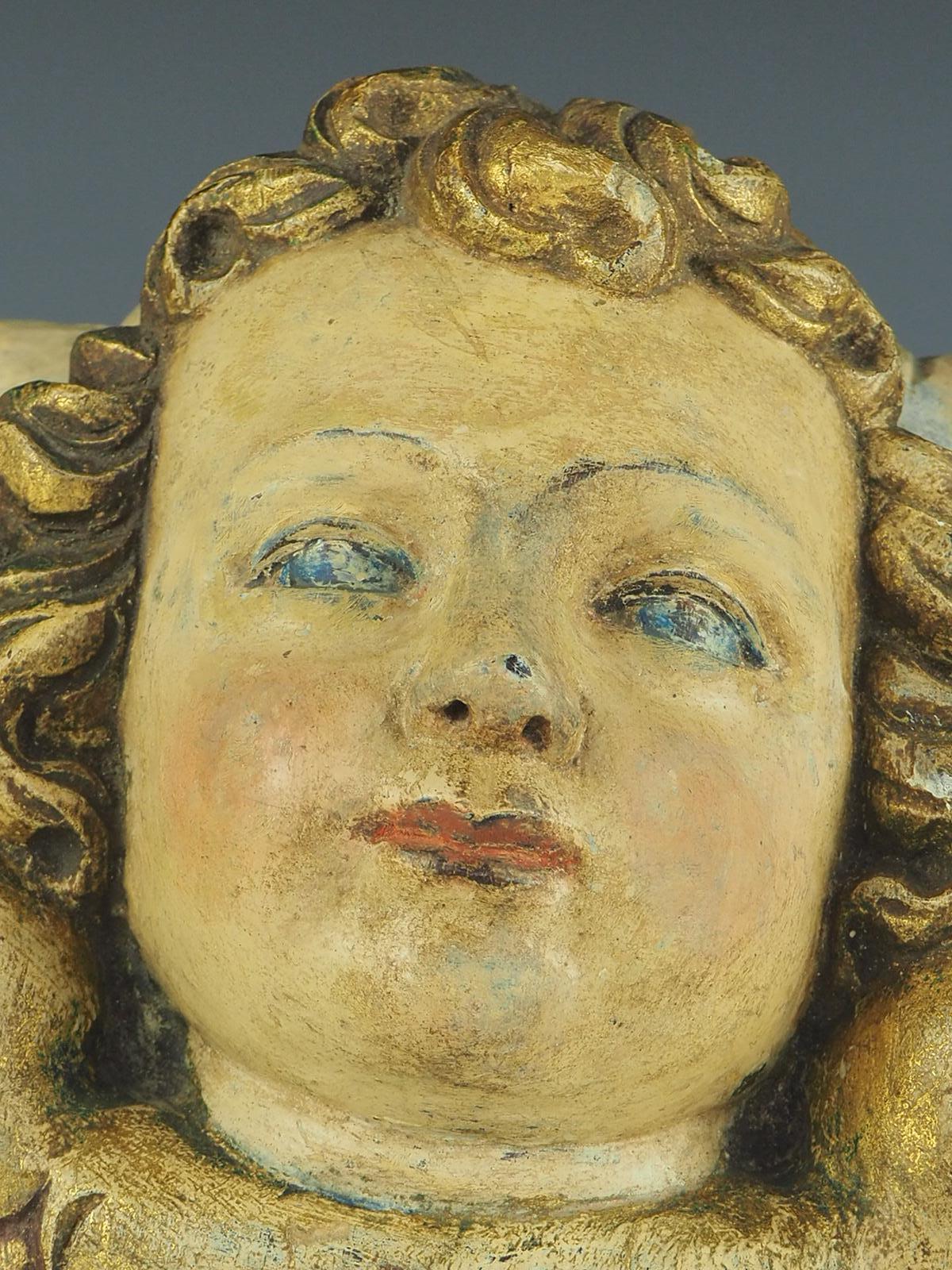 18th Century and Earlier 18th Century Carved Wood Panel – Polychrome Head Of Cherub – Putto For Sale
