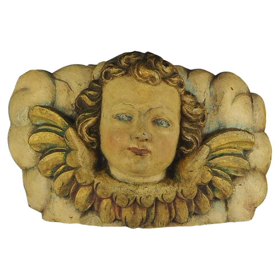 18th Century Carved Wood Panel – Polychrome Head Of Cherub – Putto