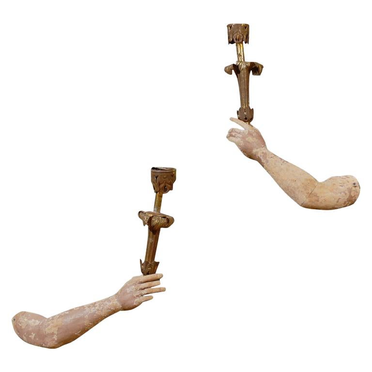 18th Century Carved Wood Sconces Shaped as Arms