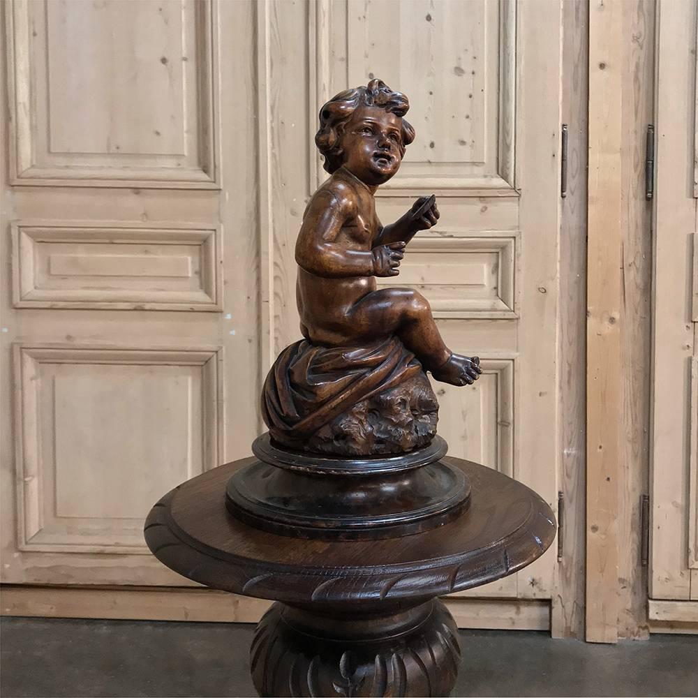 Baroque 18th Century Hand Carved Wood Statue of a Little Boy For Sale