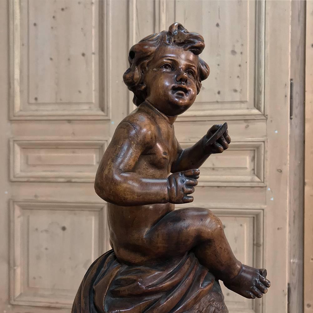 French 18th Century Hand Carved Wood Statue of a Little Boy For Sale