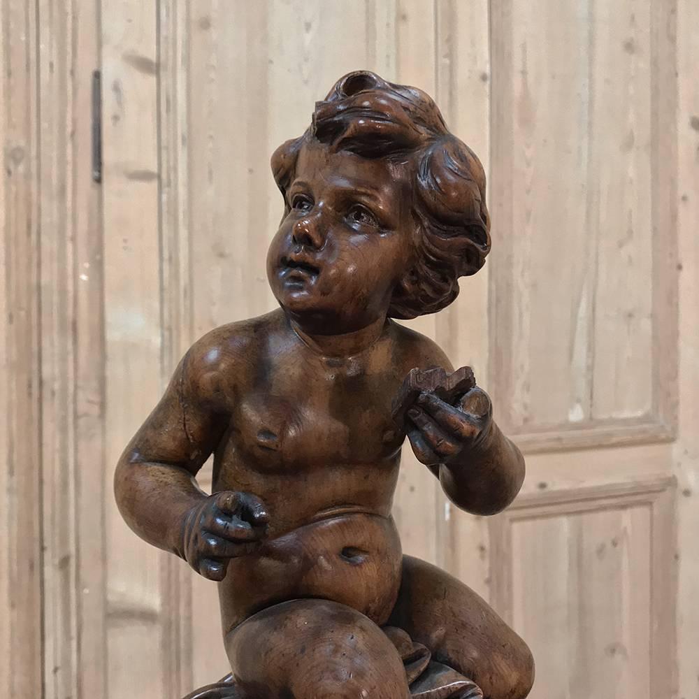 18th Century Hand Carved Wood Statue of a Little Boy In Good Condition For Sale In Dallas, TX