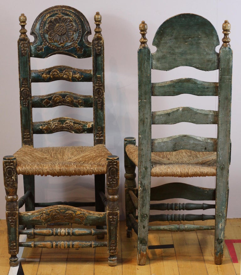 18th Century Castille Region Spanish Carved Side Chairs, with Rush