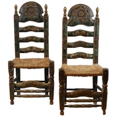 18th Century Castille Region Spanish Carved Side Chairs, with Rush Seating