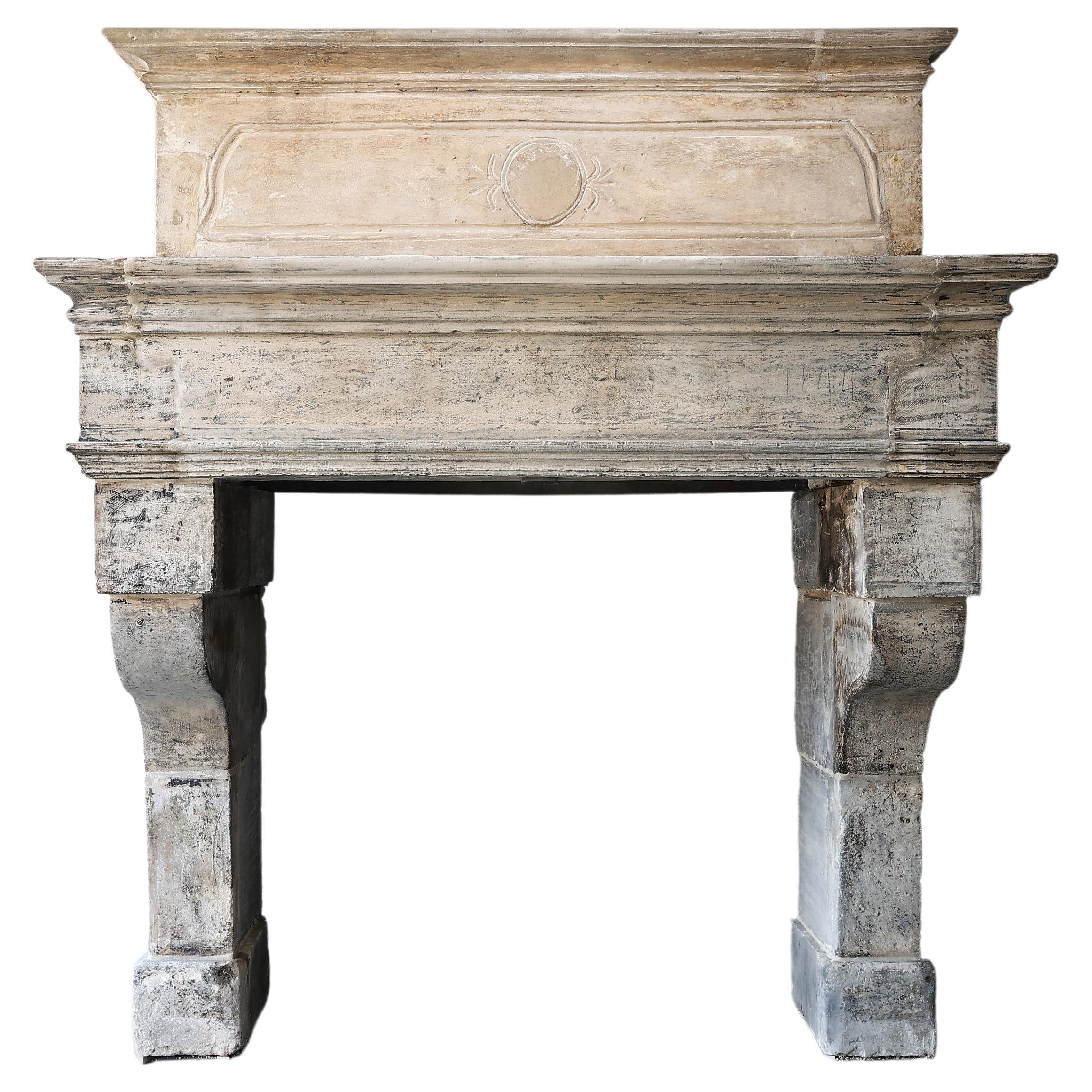 18th Century Castle Fireplace with Trumeau of French Limestone, Louis XIII