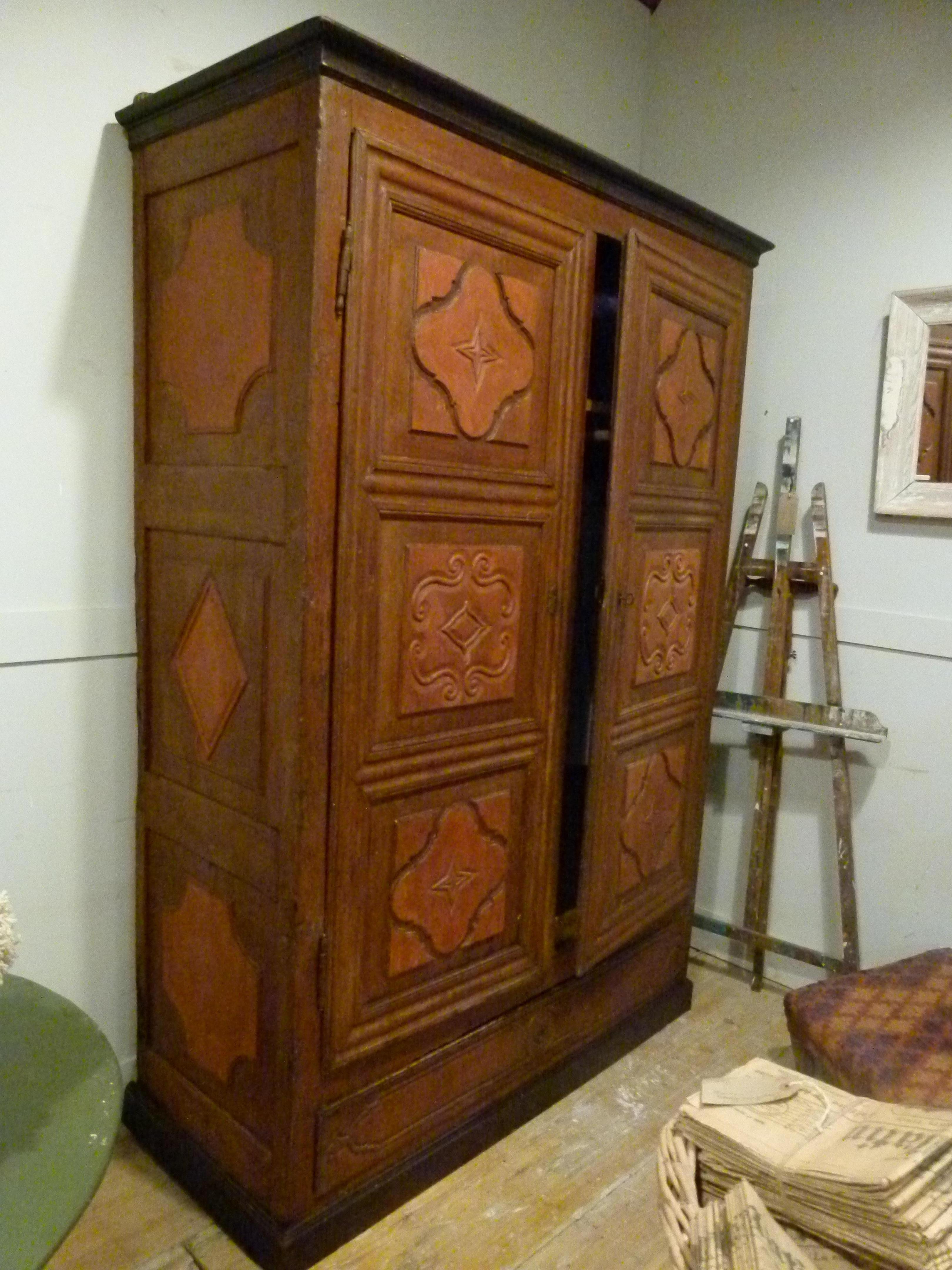 Baroque Typical Old Rustic Hand Carved Walnut Wardrobe, Spain