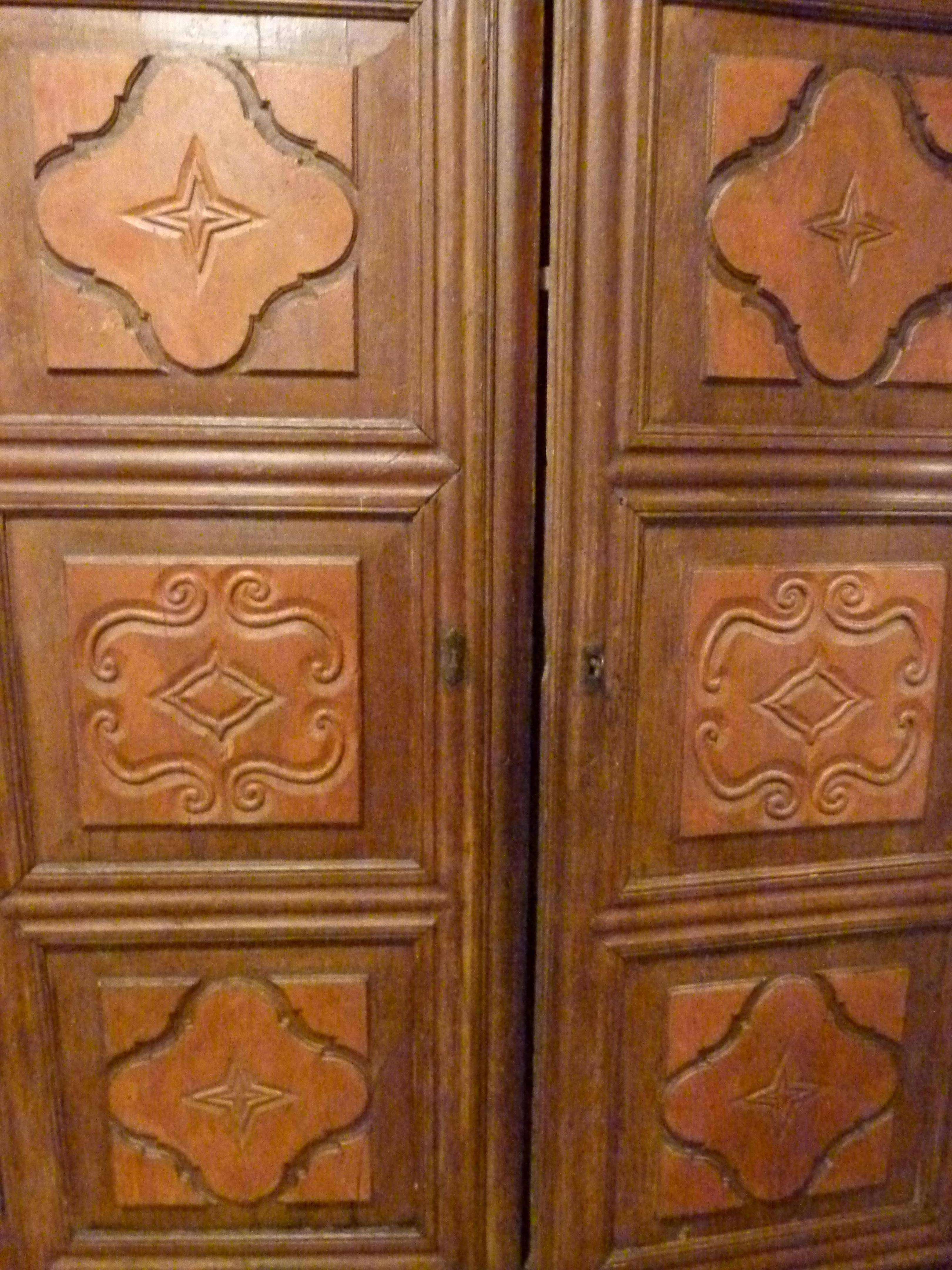Spanish Typical Old Rustic Hand Carved Walnut Wardrobe, Spain