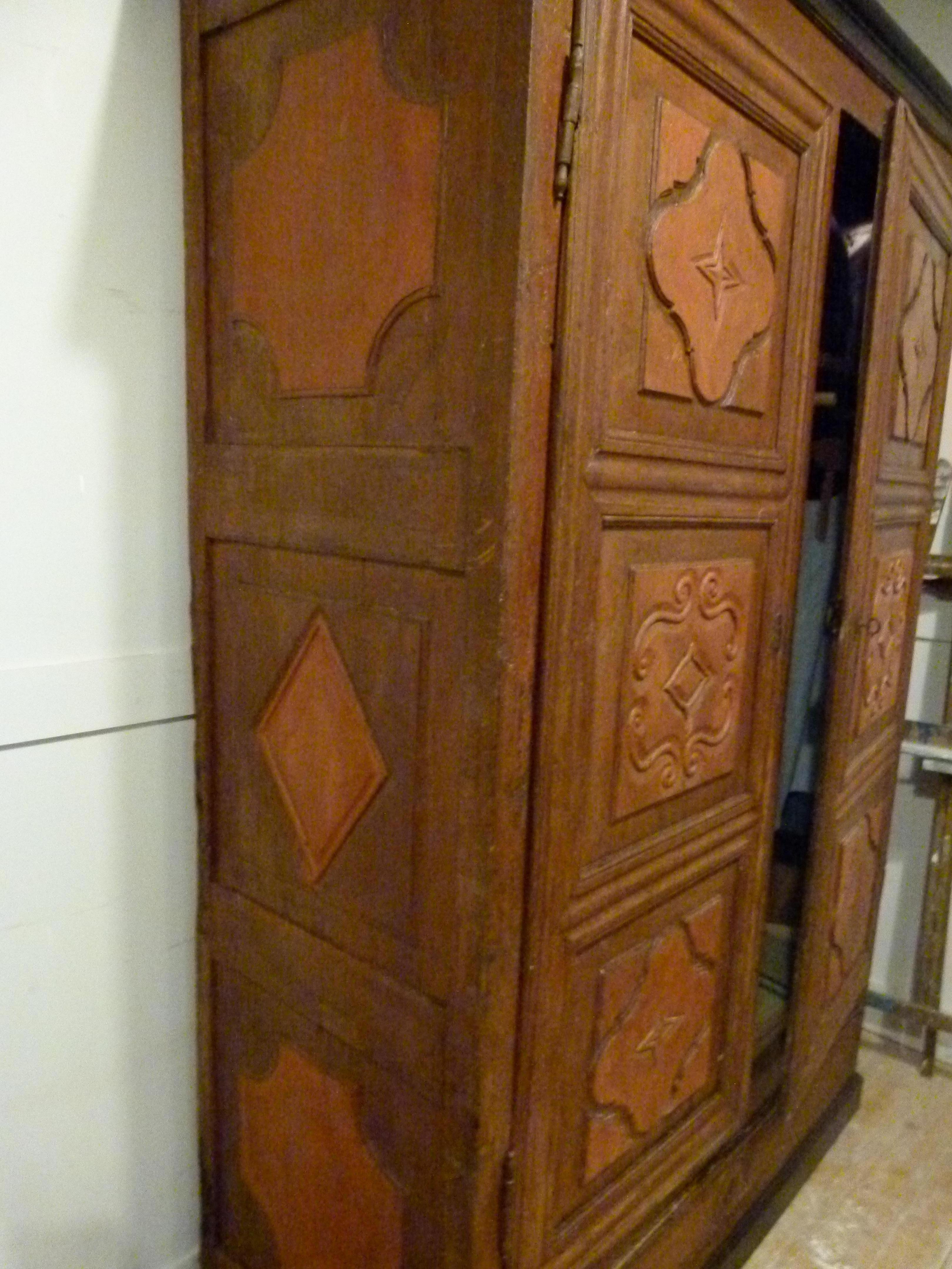 Typical Old Rustic Hand Carved Walnut Wardrobe, Spain 1