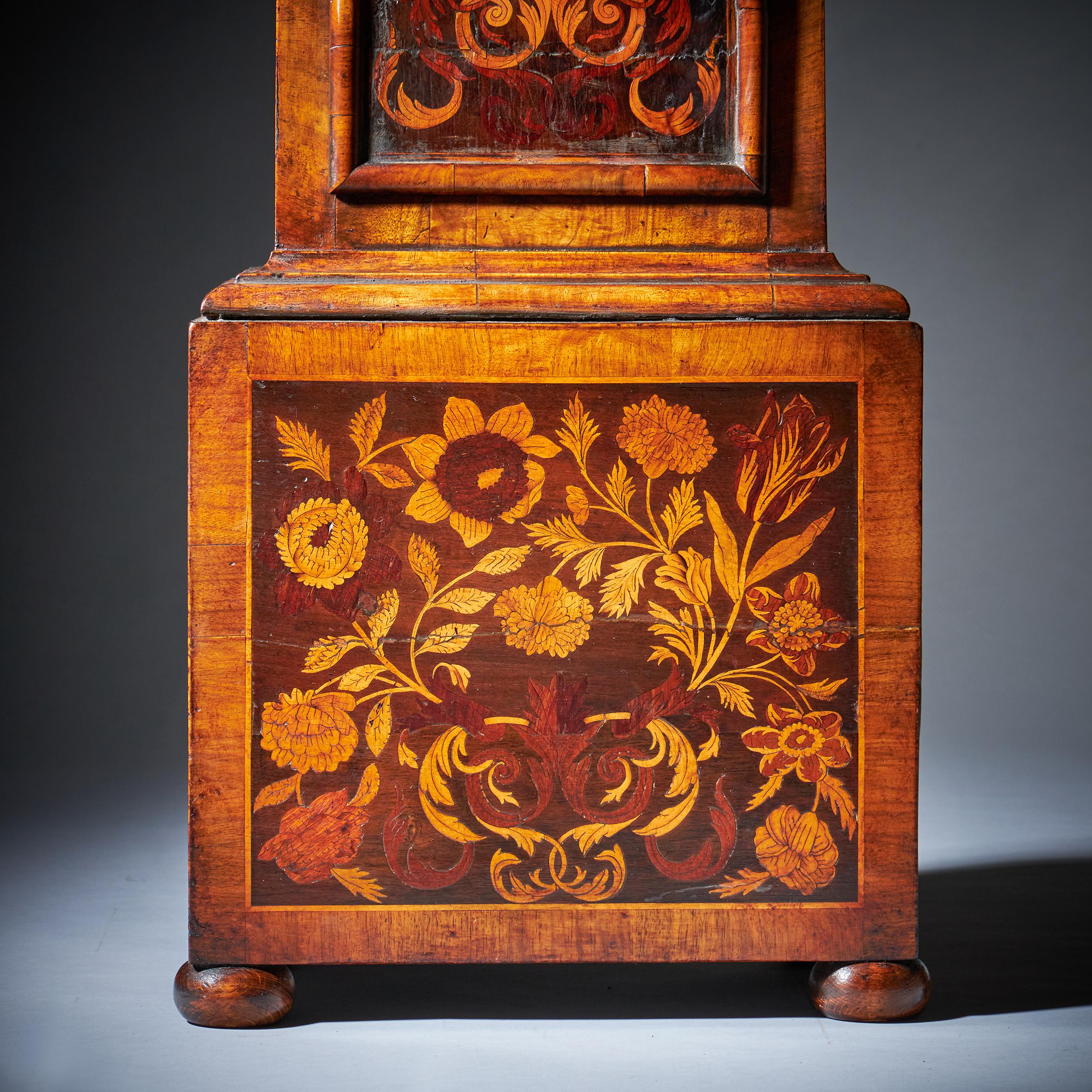 Brass 17th Century Charles II Month Going Marquetry Longcase Clock by John Wise For Sale