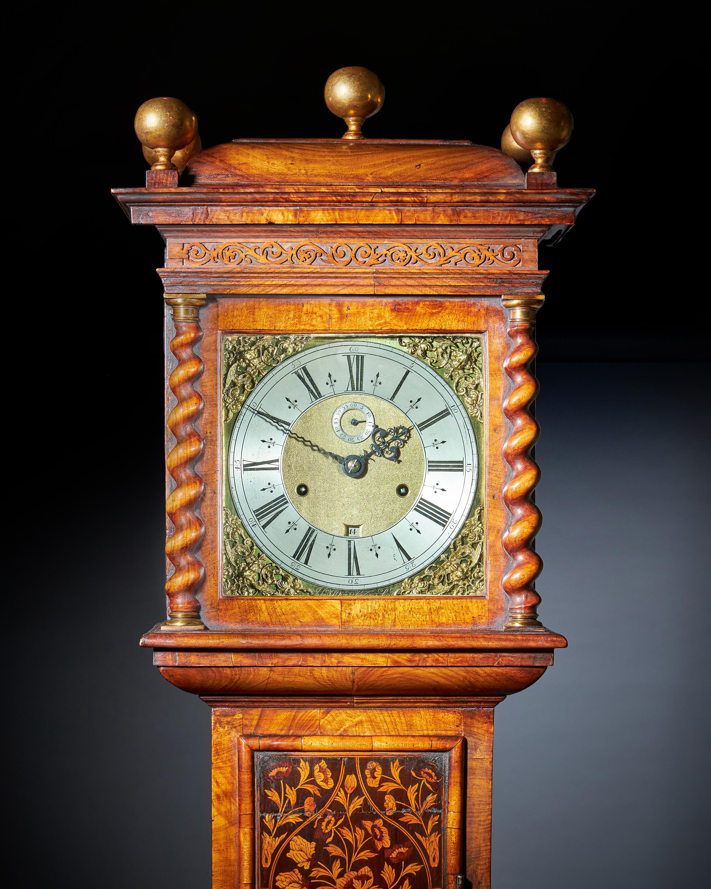 17th Century Charles II Month Going Marquetry Longcase Clock by John Wise For Sale 1