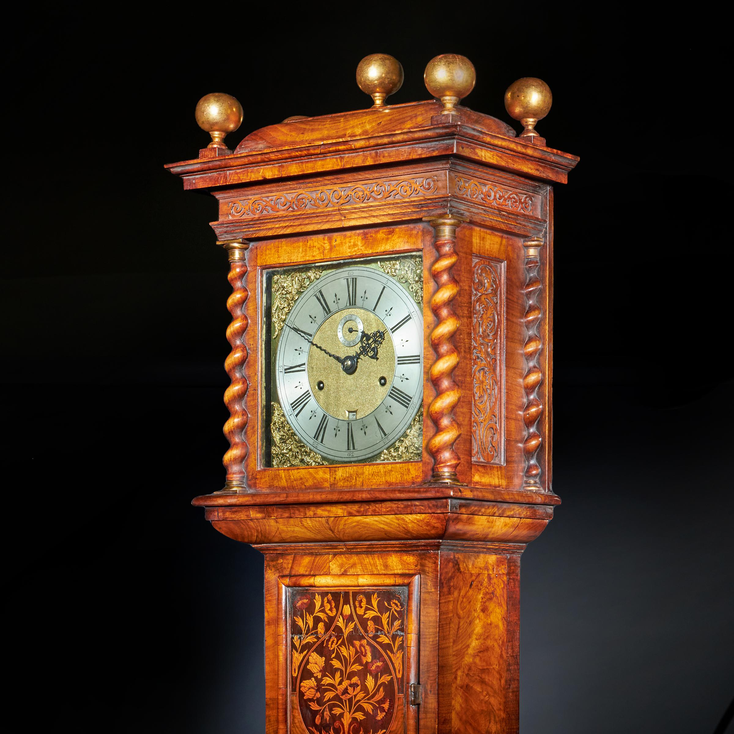 17th Century Charles II Month Going Marquetry Longcase Clock by John Wise For Sale 2