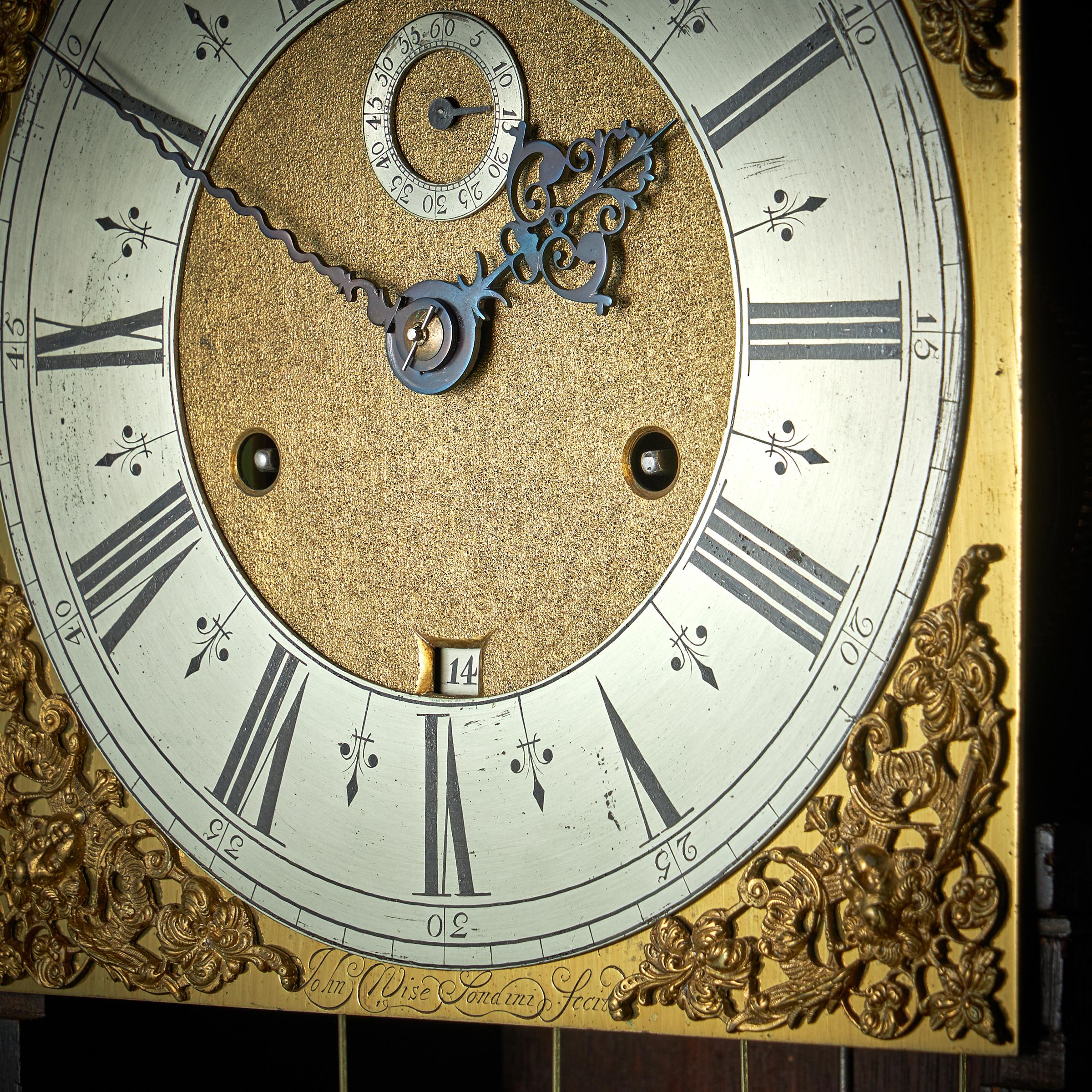 17th Century Charles II Month Going Marquetry Longcase Clock by John Wise For Sale 5