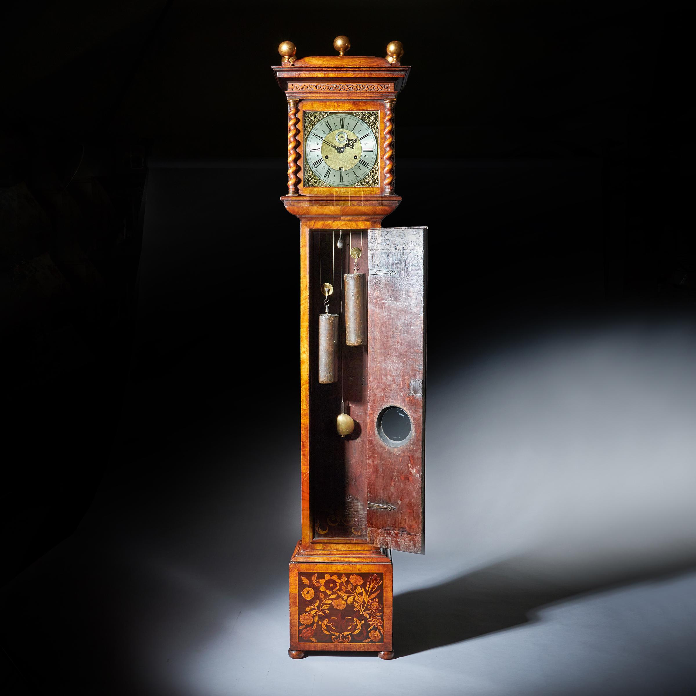 British 17th Century Charles II Month Going Marquetry Longcase Clock by John Wise For Sale