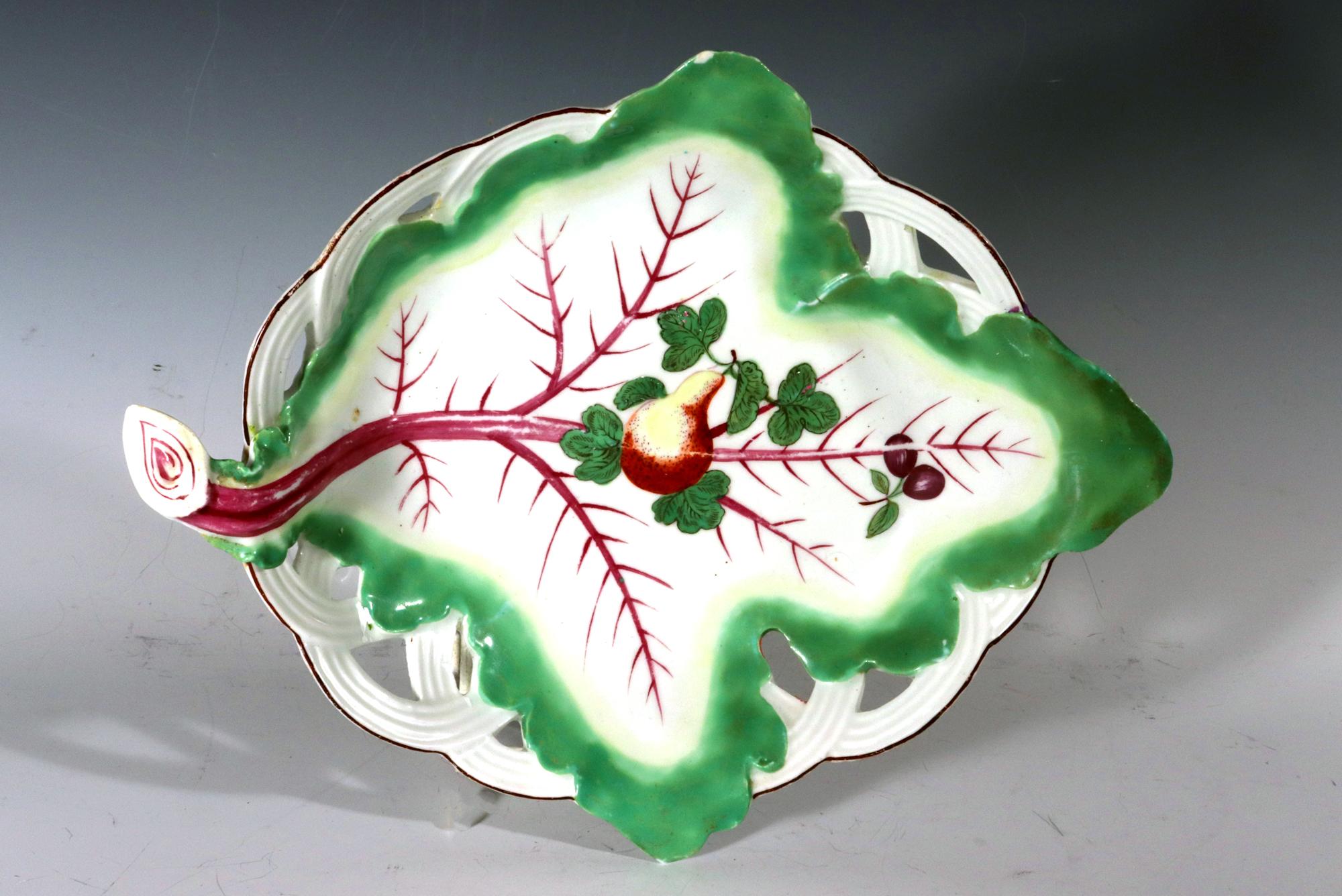 Mid-18th Century 18th Century Chelsea Porcelain Trompe L'oeil Leaf Dish with Fruit For Sale